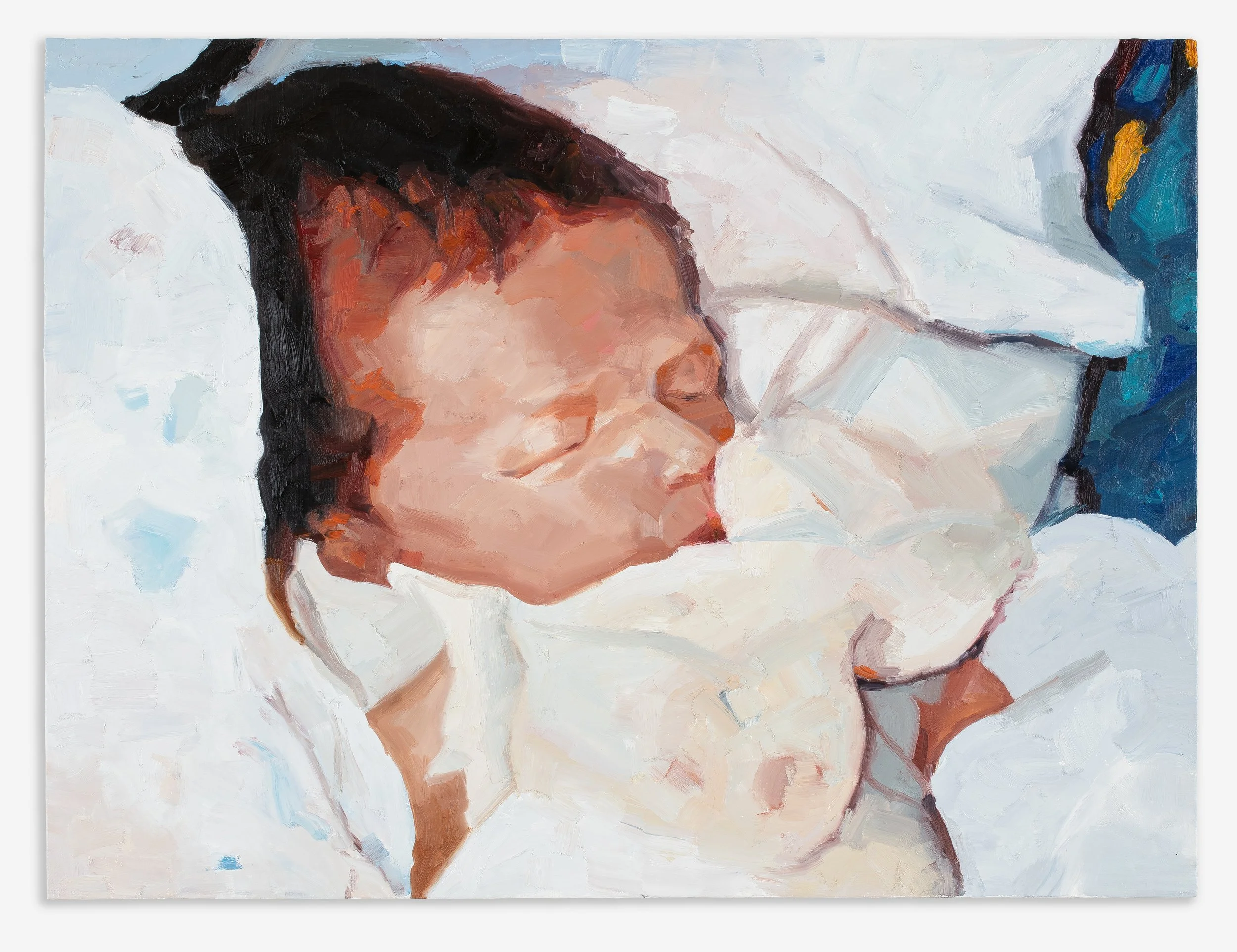   Share , 2021 Oil on linen 46 x 61 cm (18 x 24 in)  This painting  Share  (2021) depicts the story of the first digital photo shared via a cell phone. In her father's arms, a baby announces her arrival in the world quietly and cozily. This image is 