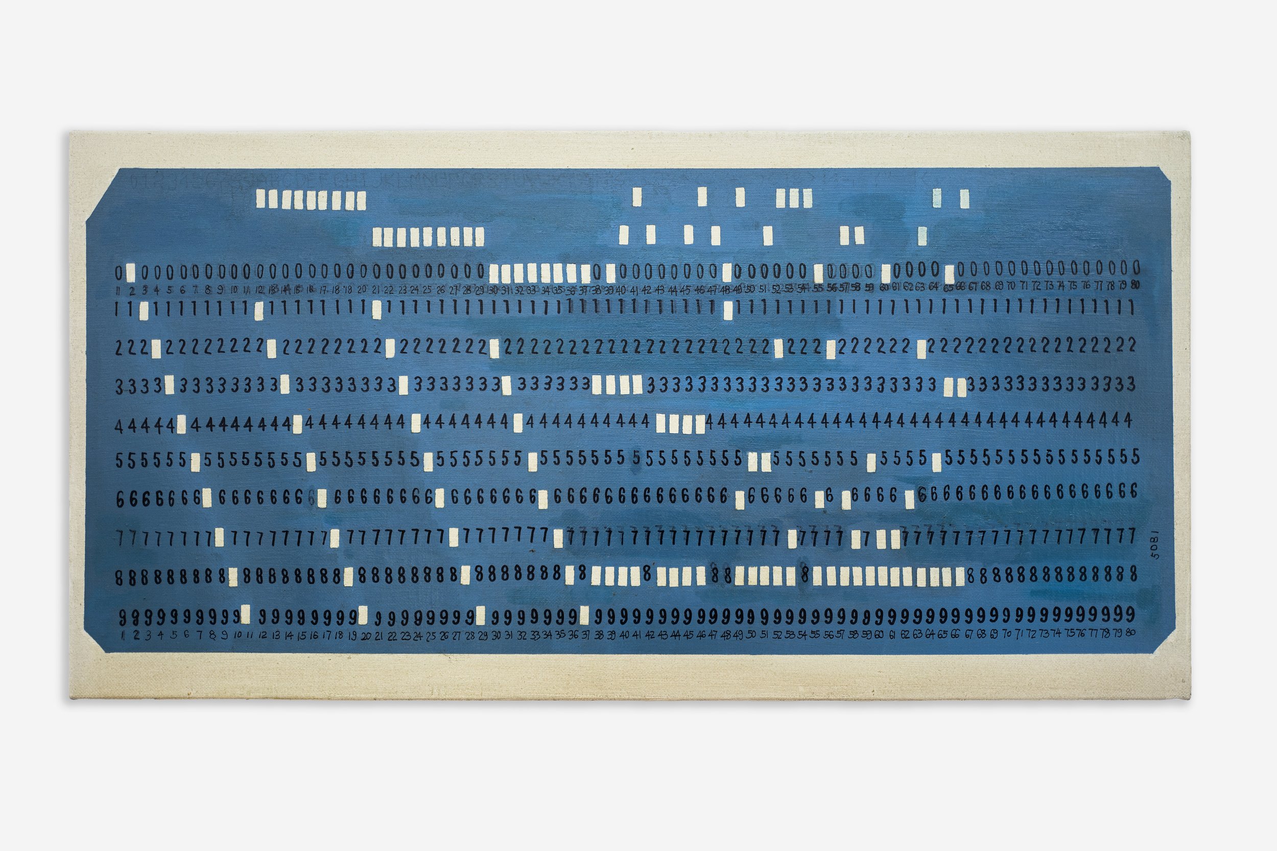   Punched card 2 , 2022 Oil and acrylic medium on linen 30 x 61 cm (12 x 24 in)  A punched card is a piece of stiff paper that holds digital data represented by the presence or absence of holes in predefined positions.  Punched card 2  (2022) is a va