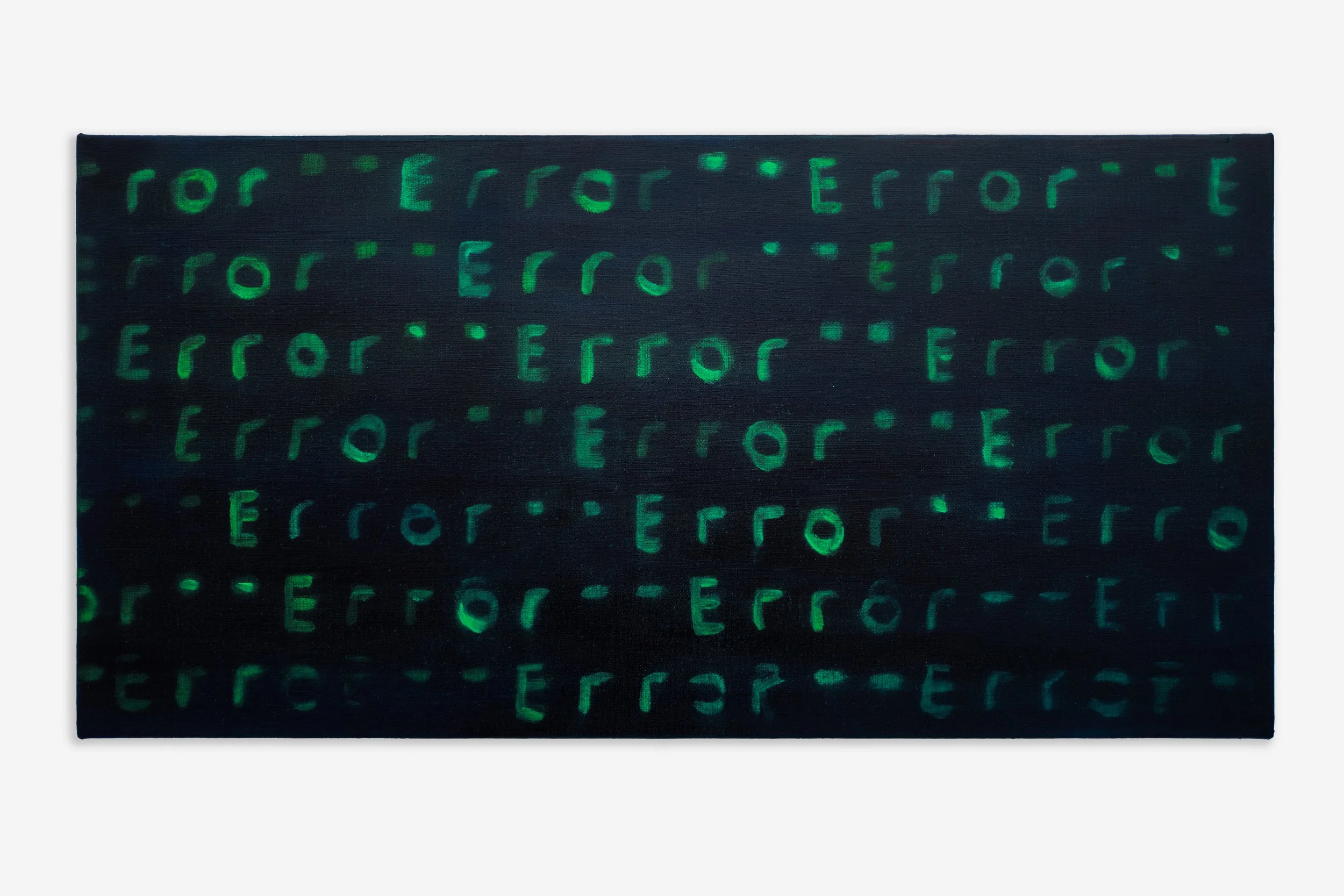   Error , 2022 Oil on linen 30 x 61 cm (12 x 24 in)  In depicting light sensations from pixels on a screen,  Error  (2022) reveals a macro perspective into the hidden instructions of web applications we use daily. These messages display themselves wh