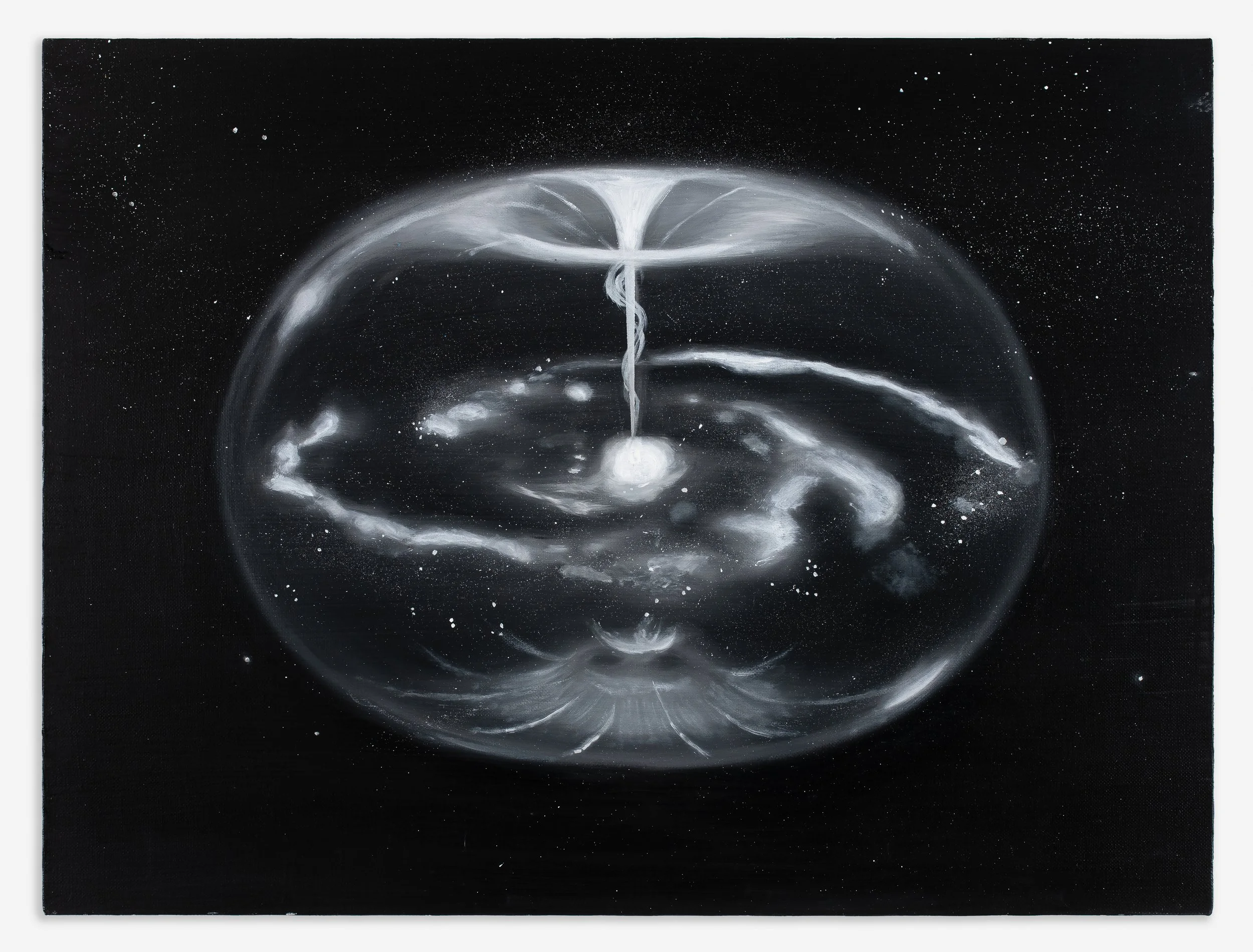   Torus , 2020 Oil on linen 46 x 61 cm (18 x 24 inches）  Every atom on this planet is surrounded by the torus, which is a field of energy. A self-sustaining, dynamic energy flow system, consisting of two vortices and a single axis, is the foundation 
