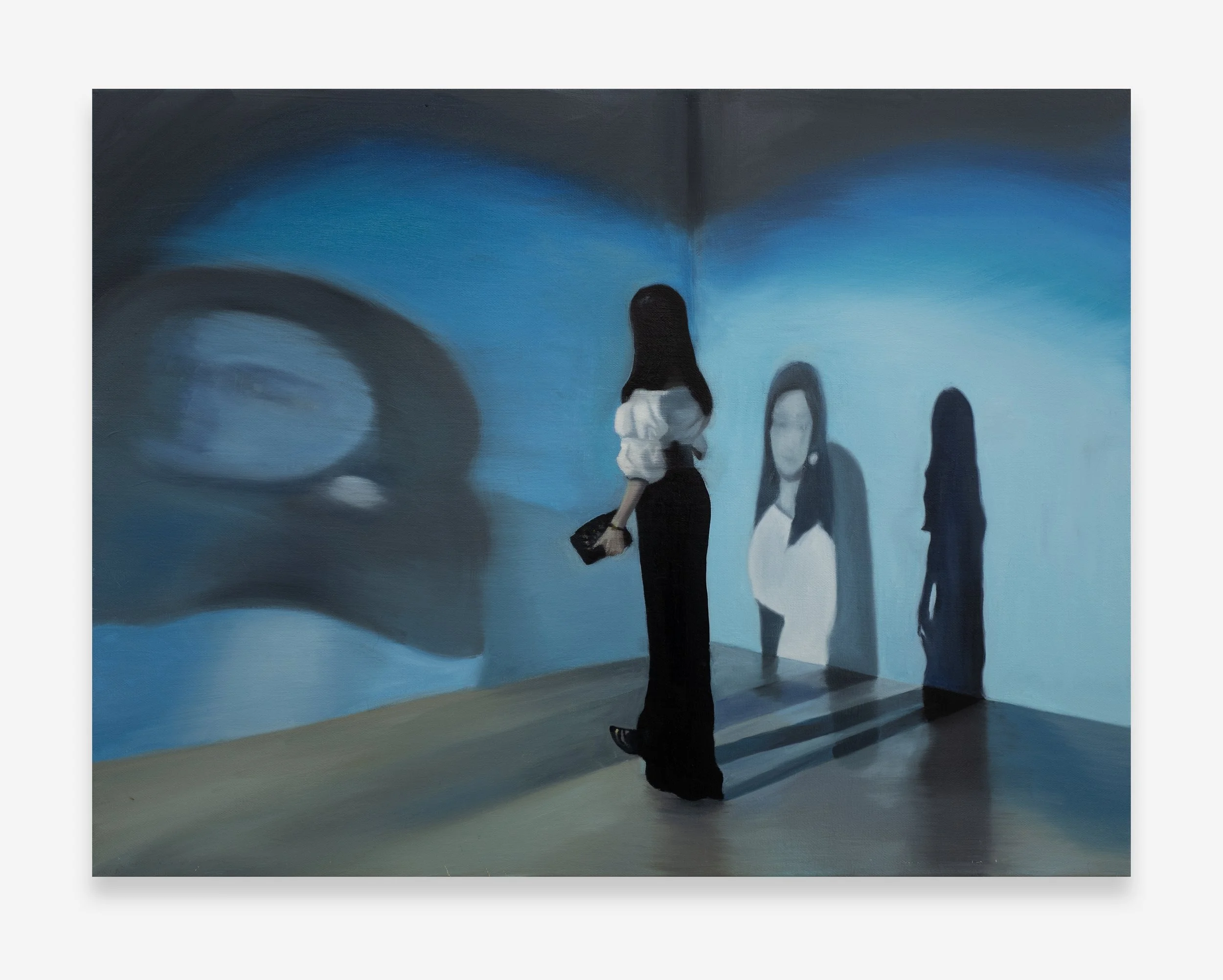   Projection: light and shadow , 2021 Oil on linen 46 x 61 cm (18 x 24 in)  Examining the evolution of light sources,  Projection: Light and Shadow  (2021) depicts scenes from real-time video recording and projection. In this portrait, the projector 