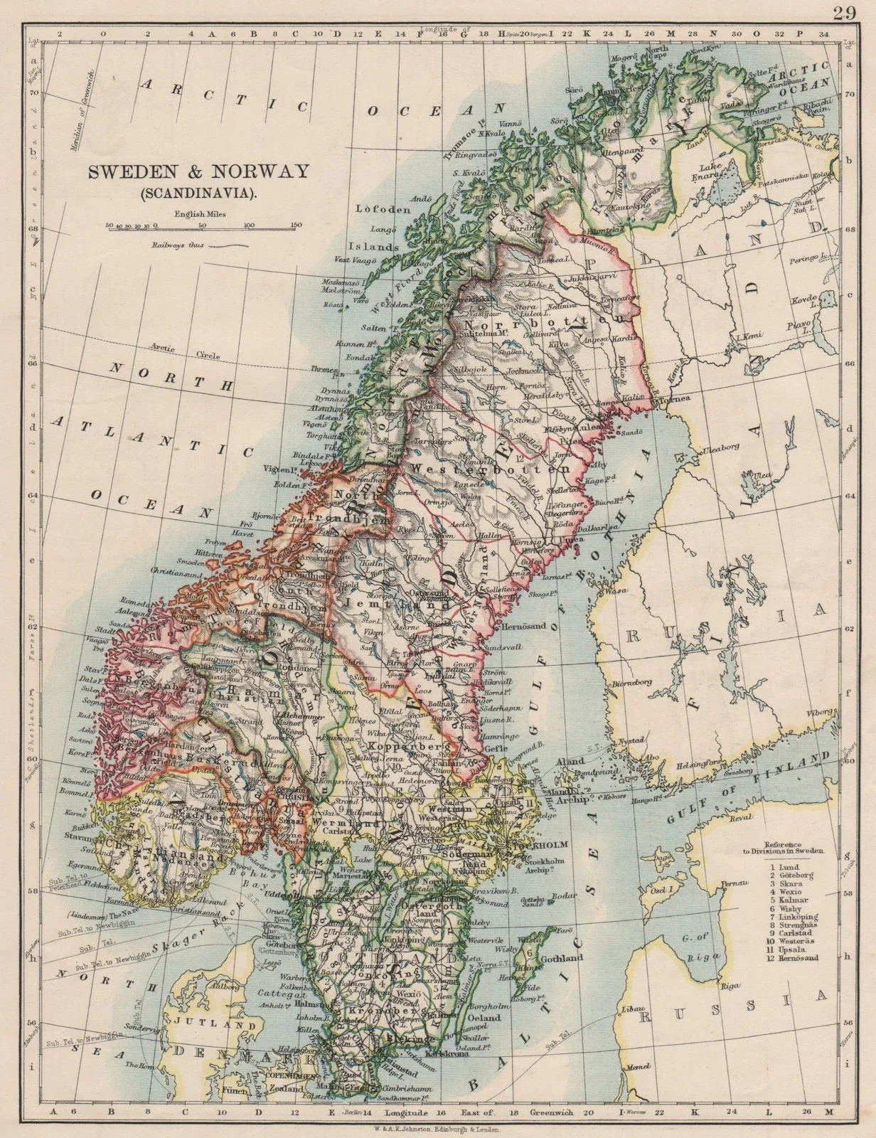 SCANDINAVIA. Sweden Norway.Railways Undersea telegraph cables. JOHNSTON 1900 map.webp