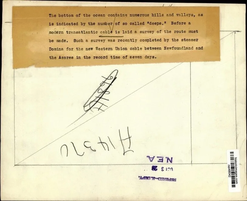 1928 &mdash; United States / Western Union
Trans-Atlantic Cable Route Survey Illustration

Press photograph showing a shaded bathymetric map of the North Atlantic, visualizing planned submarine telegraph cable routes between North America, the Azores