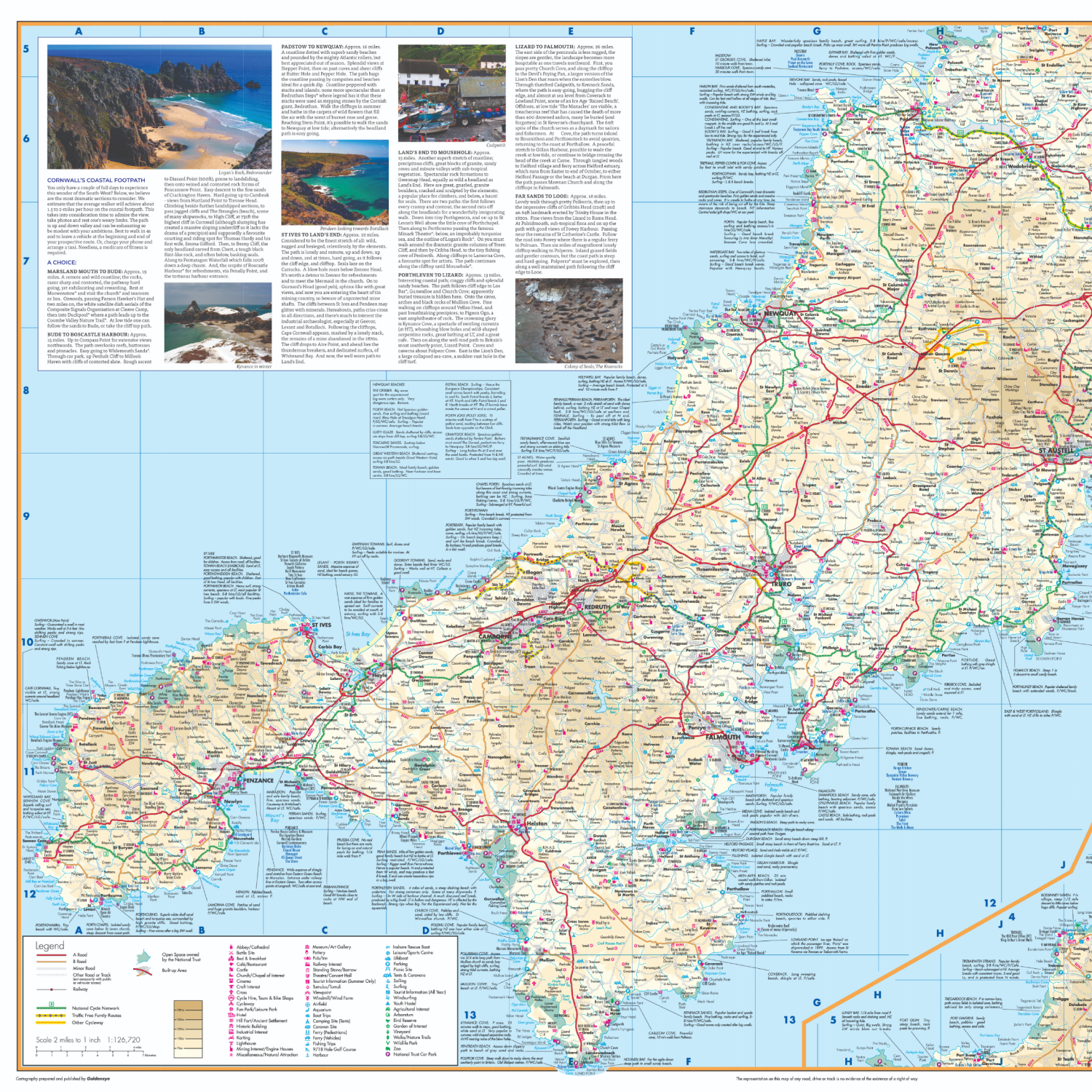 Cornwall map at 1:126,720 scale from the Goldeneye Cornwall Map & Guide