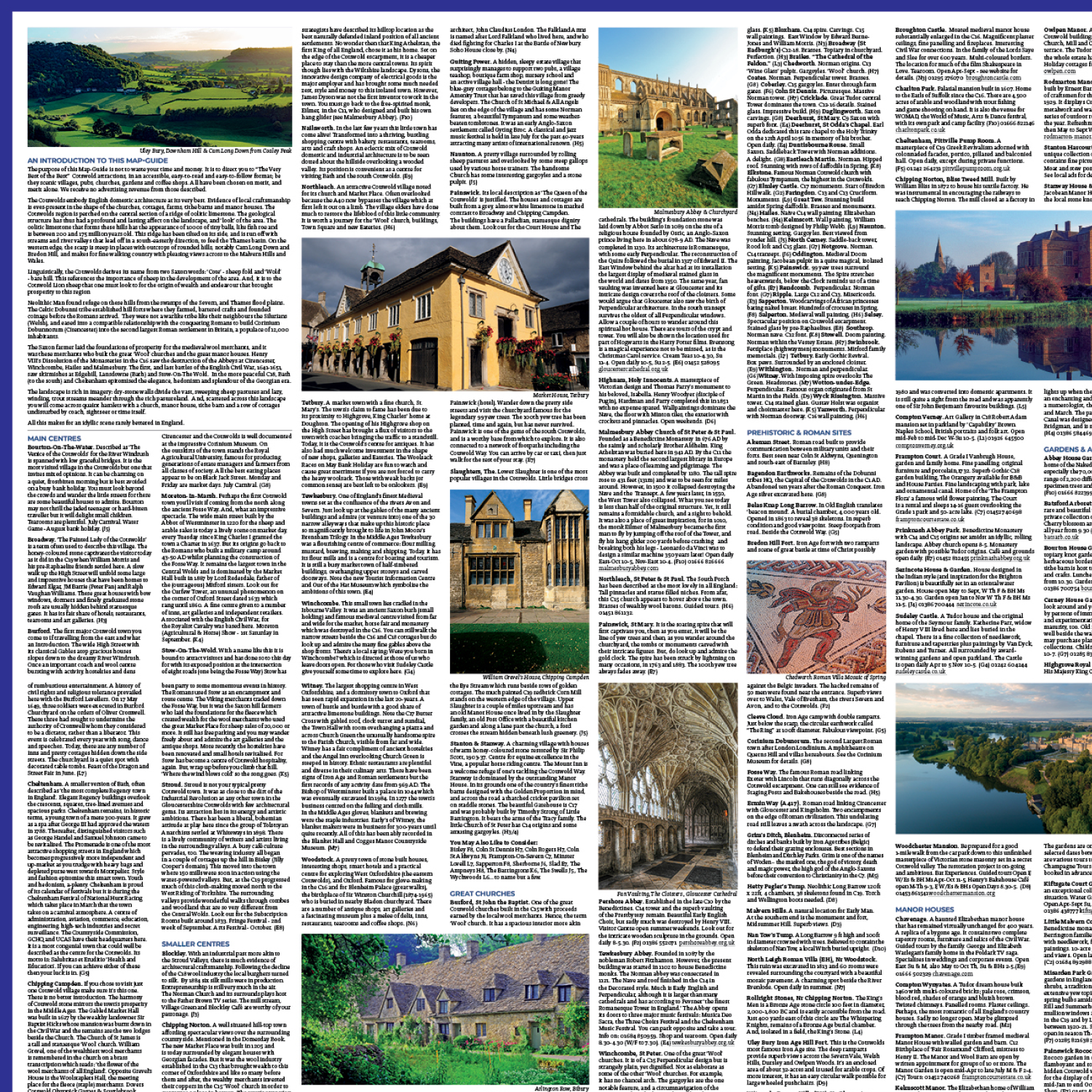 Reverse side of the Cotswolds Map & Guide with colour photographs of villages, gardens and pubs