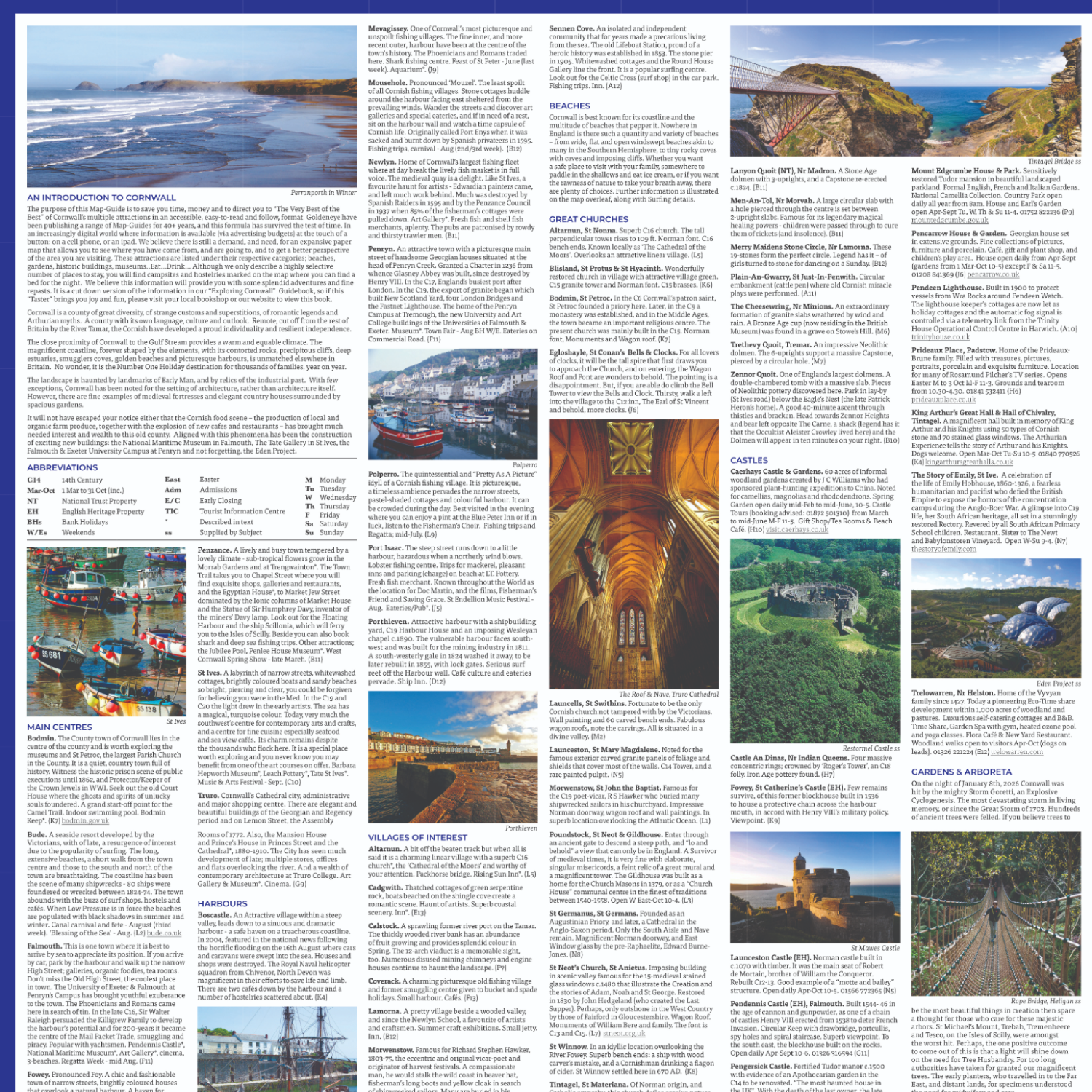 Reverse side of the Cornwall Map & Guide with colour photographs of beaches, gardens and harbours