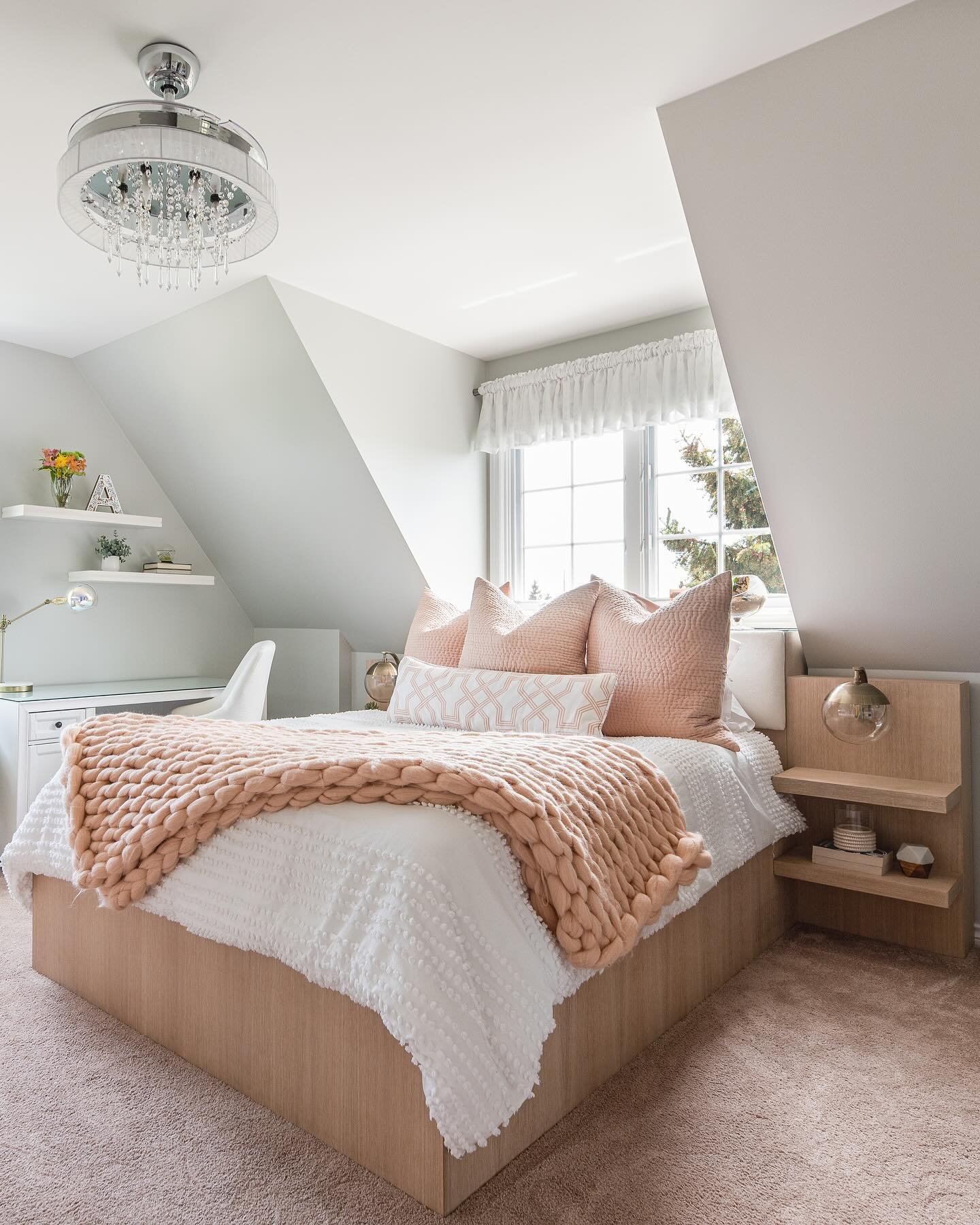 Sweet dreams from our teen bedroom makeover! We love creating spaces for our younger clients.

We knew we needed to create a custom queen platform bed to fit against the window wall, complemented by a soft color palette for a fresh, inviting look. Sp