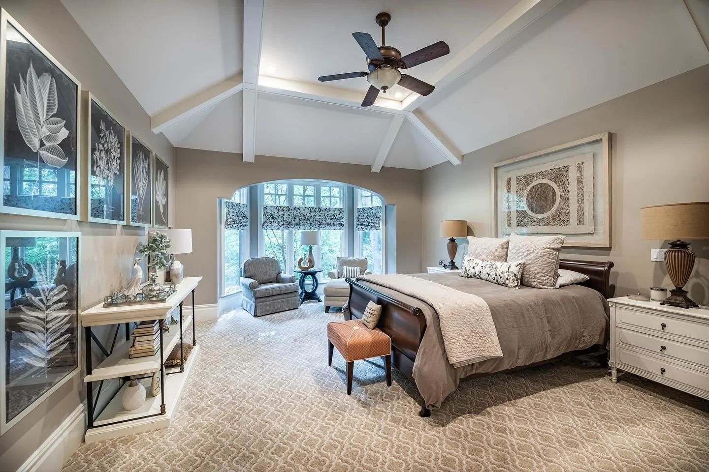From Plain to Polished ~ 
This primary bedroom once felt simple and unfinished, now it&rsquo;s a serene retreat filled with character. We added architectural beams to draw the eye up, refreshed the walls and carpet, layered in custom Roman shades, ar