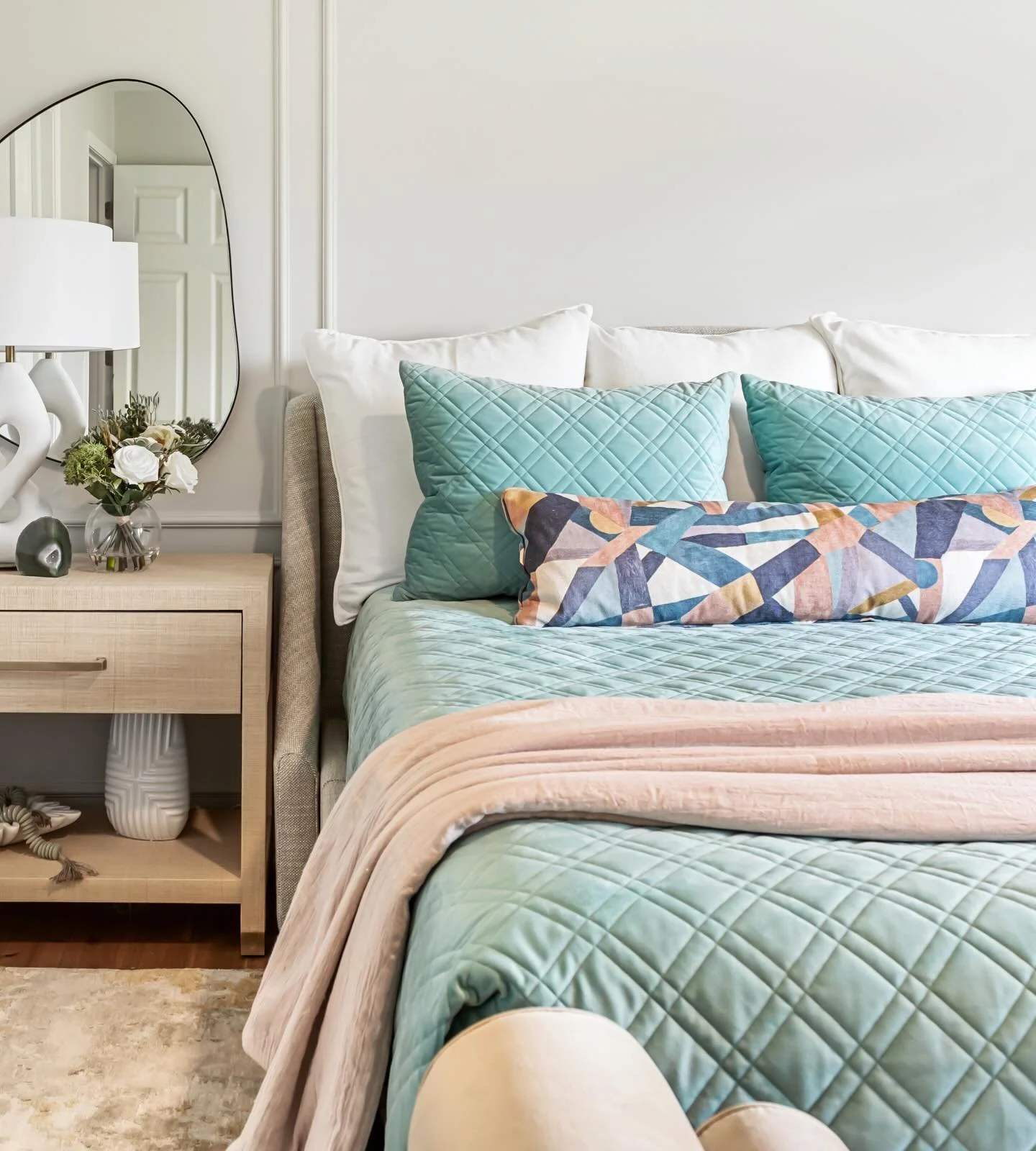 The ultimate master bedroom oasis for a beautiful night of sleep. This palette blends cool and warm tones with soft textures and thoughtful layers to create a calm, elevated space designed for rest and restoration. A luxury bedroom should feel peacef