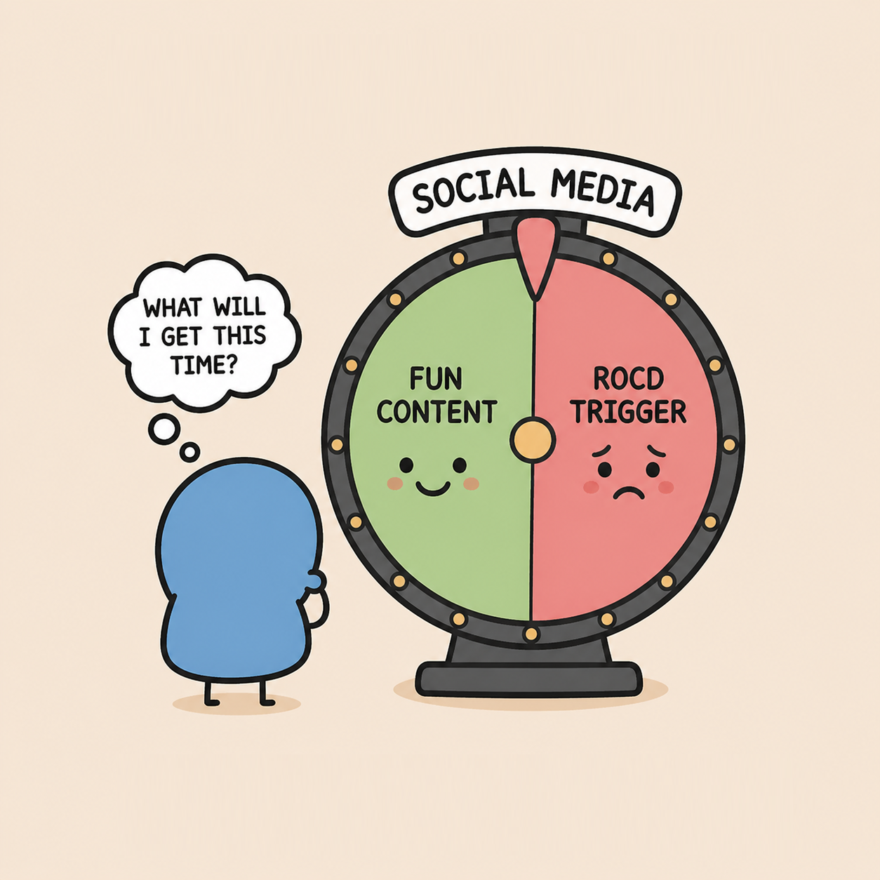 A person with Relationship OCD looking at a roulette wheel representing scrolling on social media not knowing what content might trigger them.