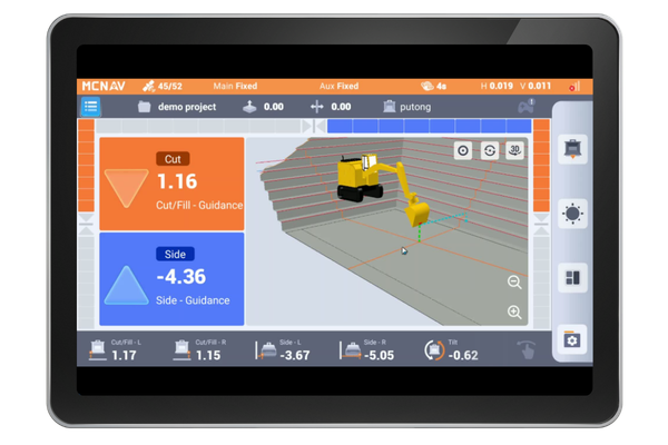 A touchscreen control panel showing a 3D model of a construction excavator on a platform with guidance and measurement indicators for a construction project.