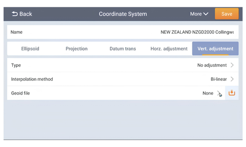 Screenshot of coordinate system settings for a geographic information system, including options for ellipsoid projection, datum transformation, horizontal adjustment, and geoposition file.