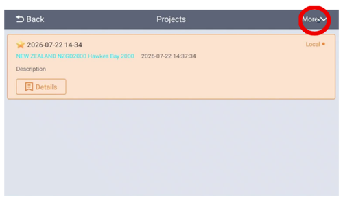 A computer screen displaying a project management interface. The top menu includes 'Back' and 'Projects' options, along with a 'More' button circled in red. The project listed is titled 'NEW ZEALAND NZG02000 Hawkes Bay 2000,' with a date and time stamp, and a description section below.
