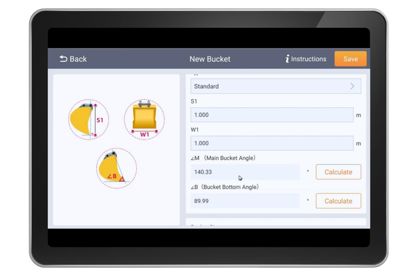 Tablet screen showing a pool bucket calculator with input fields and diagram of a bucket with labeled dimensions.