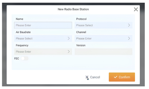Screen showing a form to set up a new radio base station with fields for name, protocol, air baud rate, channel, frequency, and version, and options for FEC, cancel, and confirm.