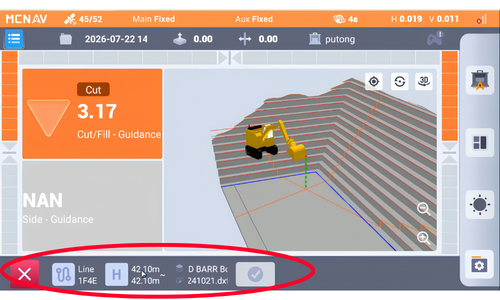 Construction machinery monitoring screen displaying the status of a line with details and guidance for cutting and filling operations.