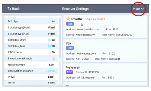 Screenshot of a GPS receiver settings interface showing configurations like satellite tracking status, antenna type, timeout, elevation mask, heading angle, base station distance, and port numbers with navigation options including a 'More' dropdown menu.