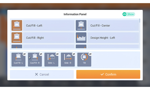 Screen displaying a customization menu for cutting and filling options on a machine, with buttons for left, right, center, and side selections, and an orange confirm button.