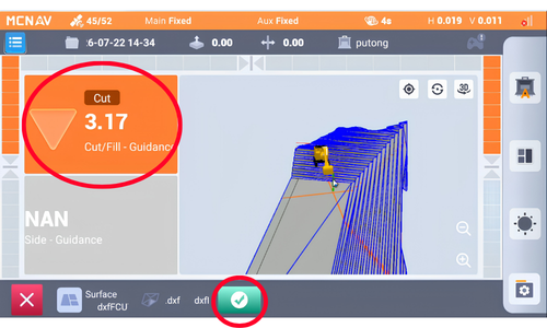 Enable the selected surface to display cut/fill values on TX73 software