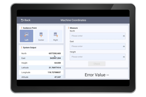 Tablet screen showing a graphical user interface for machine coordinates with guidance point options, system output data, and an error message.