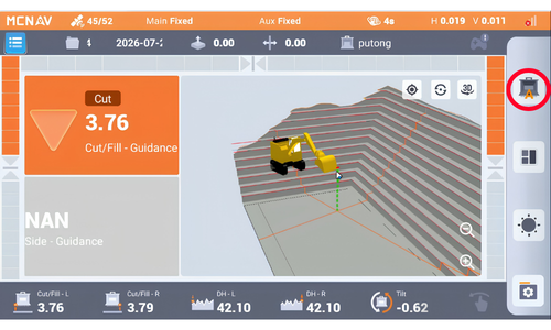 The screen displays a CNC machine control interface with a 3D view of a cutting operation on a layered material. There is a yellow tool in the center, and the display shows a cutting depth of 3.76 with guidance. Additional controls and settings are visible on the interface.