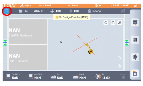The screen displays a guidance interface with an animated yellow excavator toy hanging from a cable in the center, surrounded by various controls, indicators, and guidance labels.