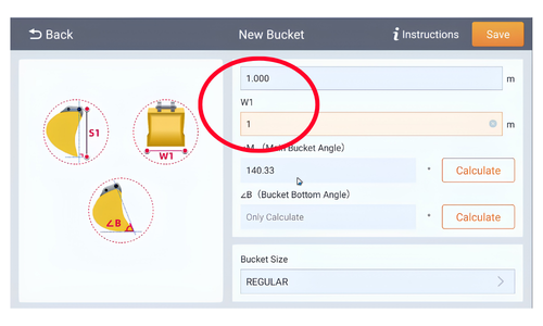 Enter the bucket dimensions in CHCNAV TX73 Software