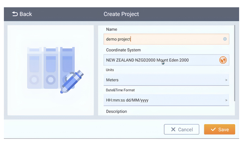 Create project form with fields for name, coordinate system, units, date/time format, description, and a save button