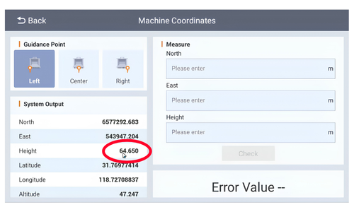 Screen of CHCNAV TX73 Machine Control showing the workflow of how to recheck the bucket co ordinates within the bench and adjust datum workflow