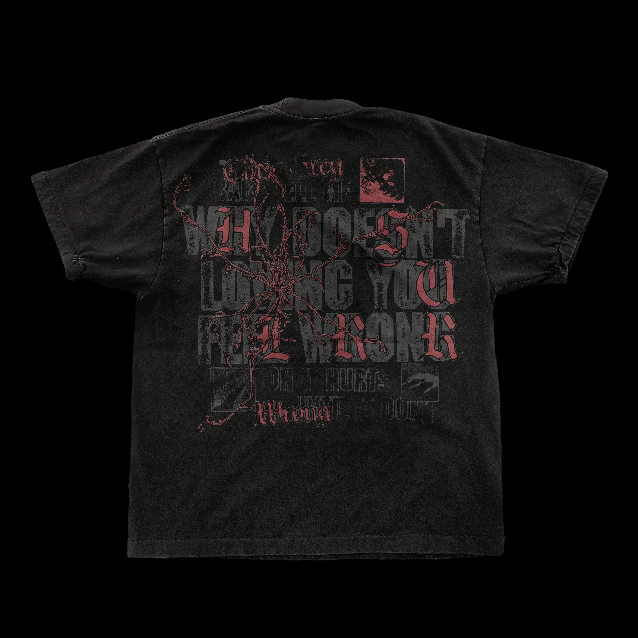 Back of a black T-shirt with red and gray graphical and textual design.