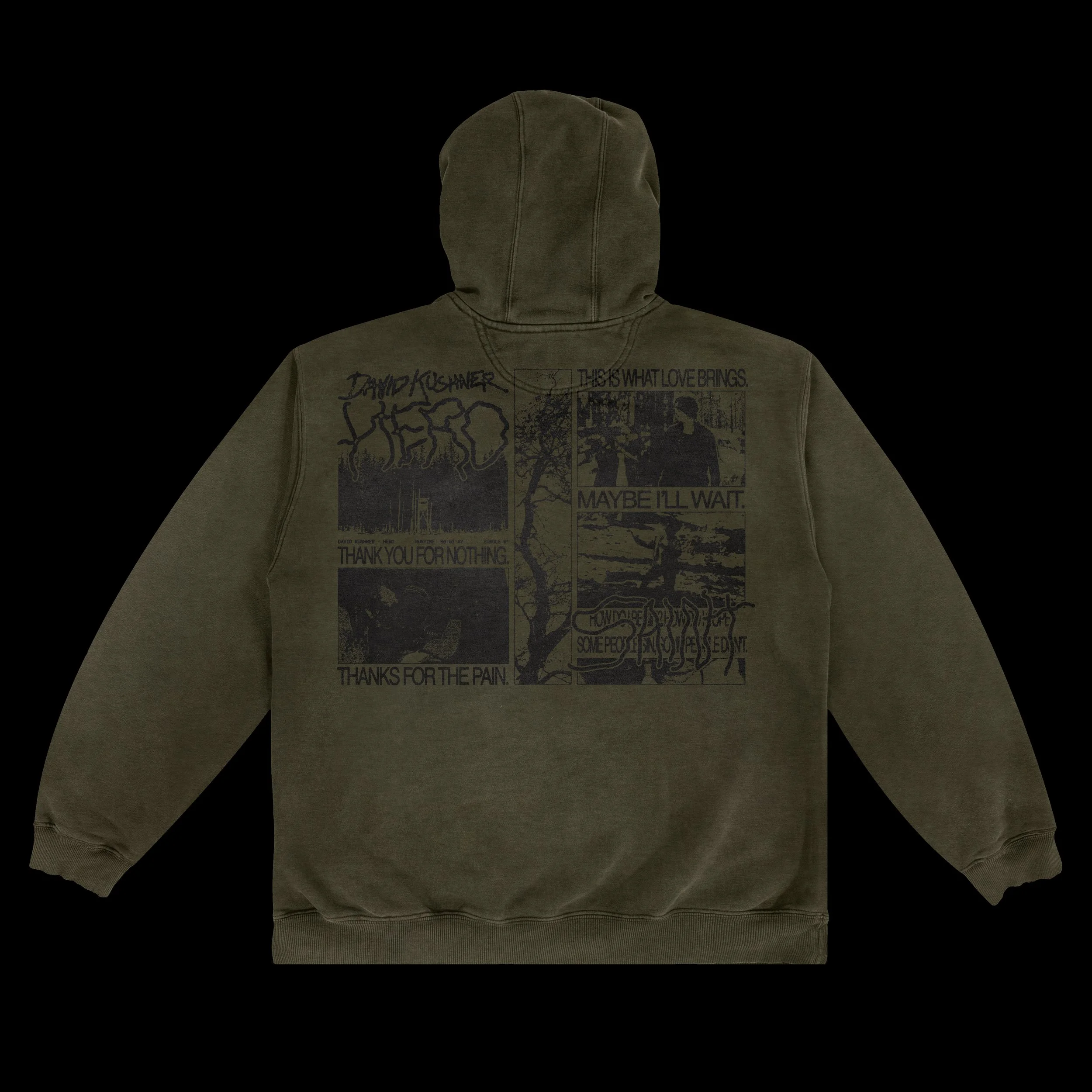 Green hooded sweatshirt with black graphic print featuring photos, text, and abstract designs.