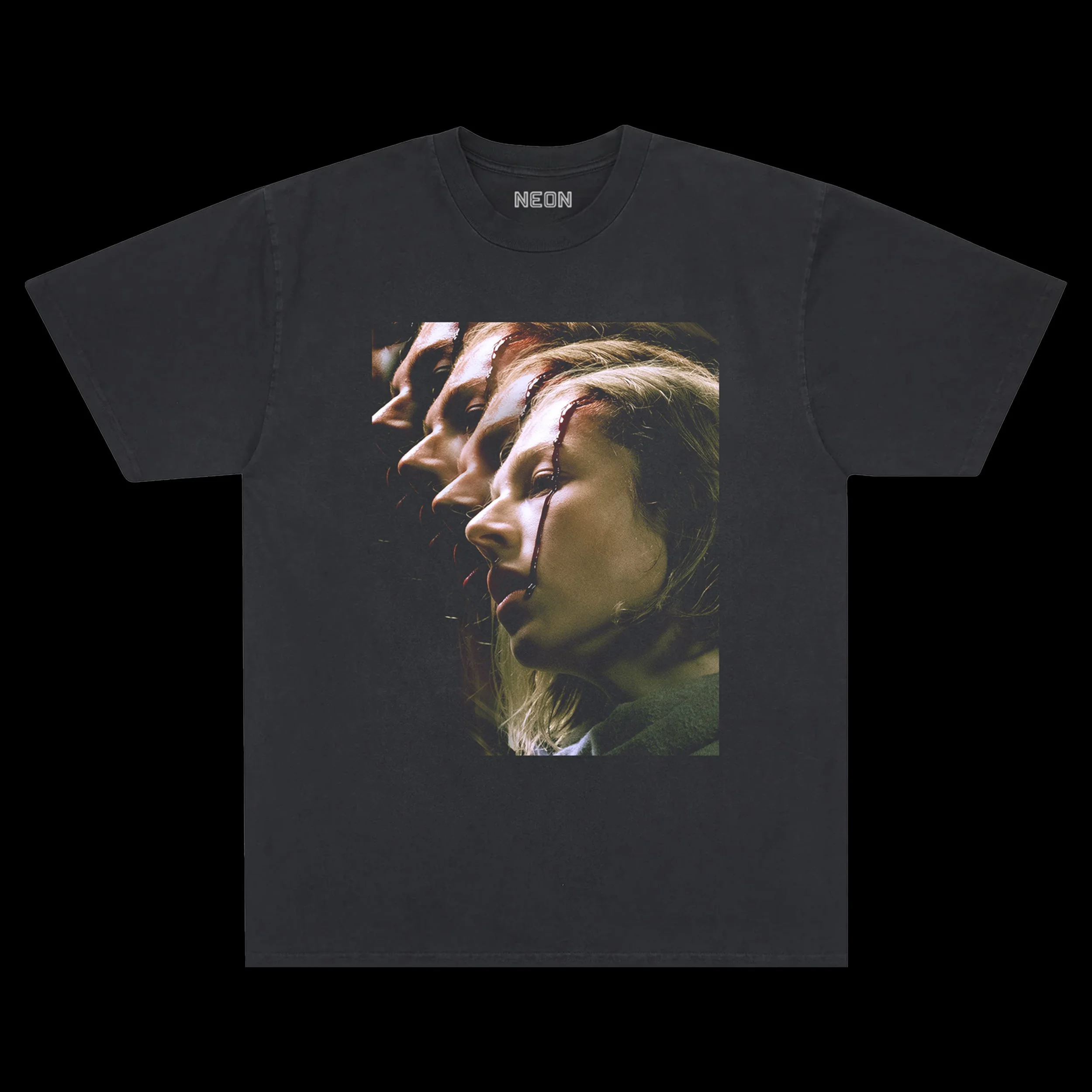 Black T-shirt with a multi-exposure portrait of a woman with blonde hair and blood dripping down her face.