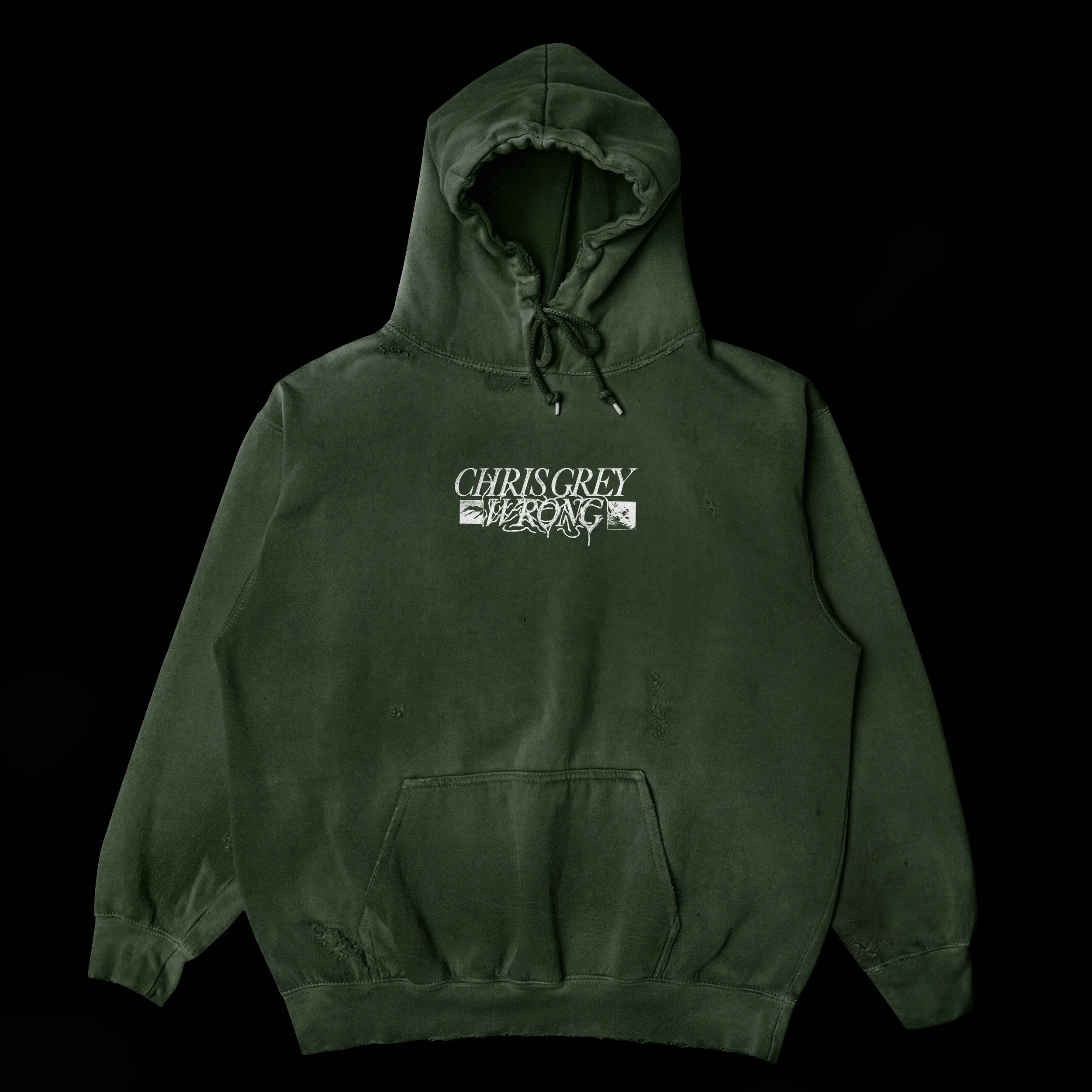 Green hooded sweatshirt with distressed details and an embroidered logo that reads 'CHRIS GREY STRONG' on the front.