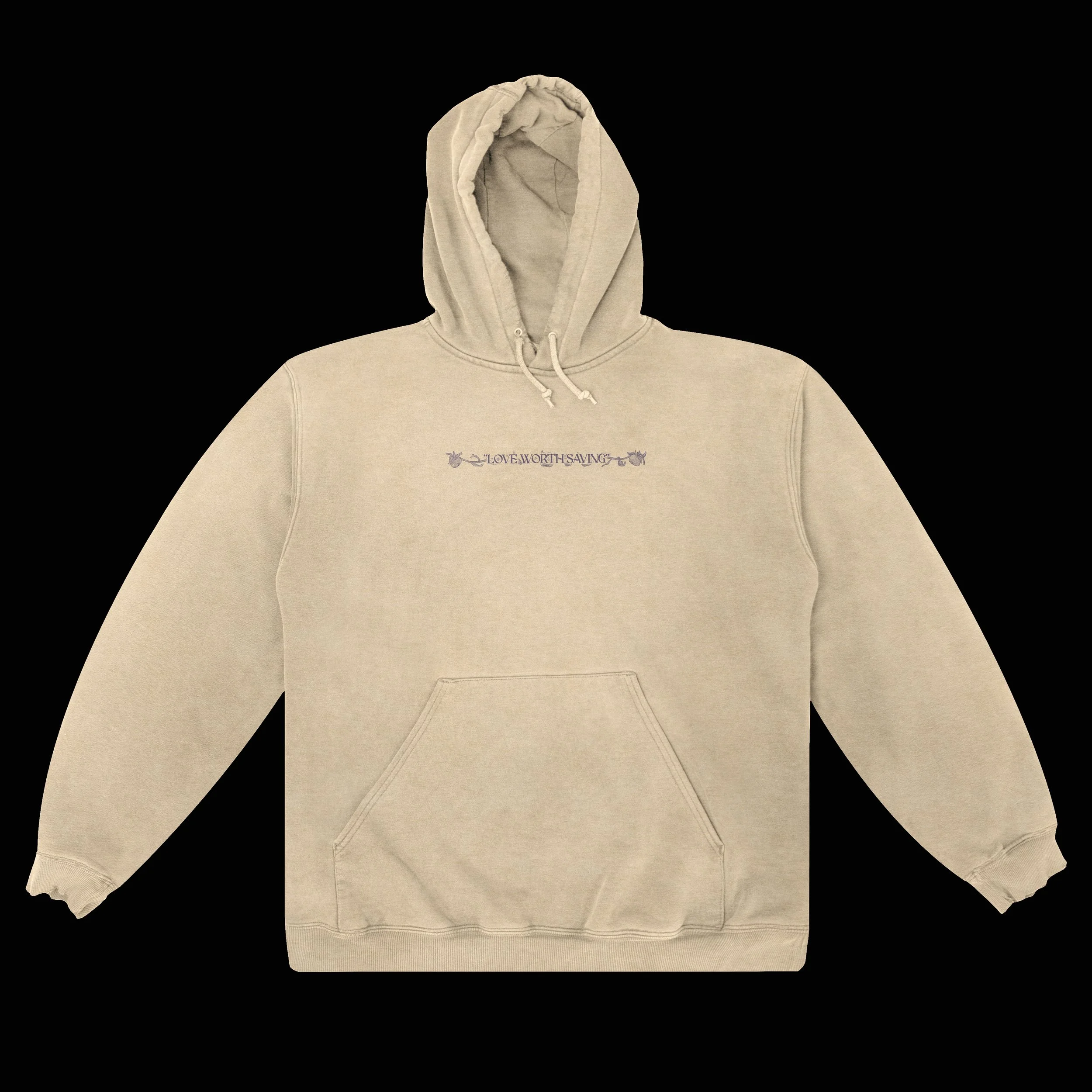 Beige hoodie with purple text and decorative elements on the chest that reads 'LOVE WORTH SAVING' and a large front pocket.