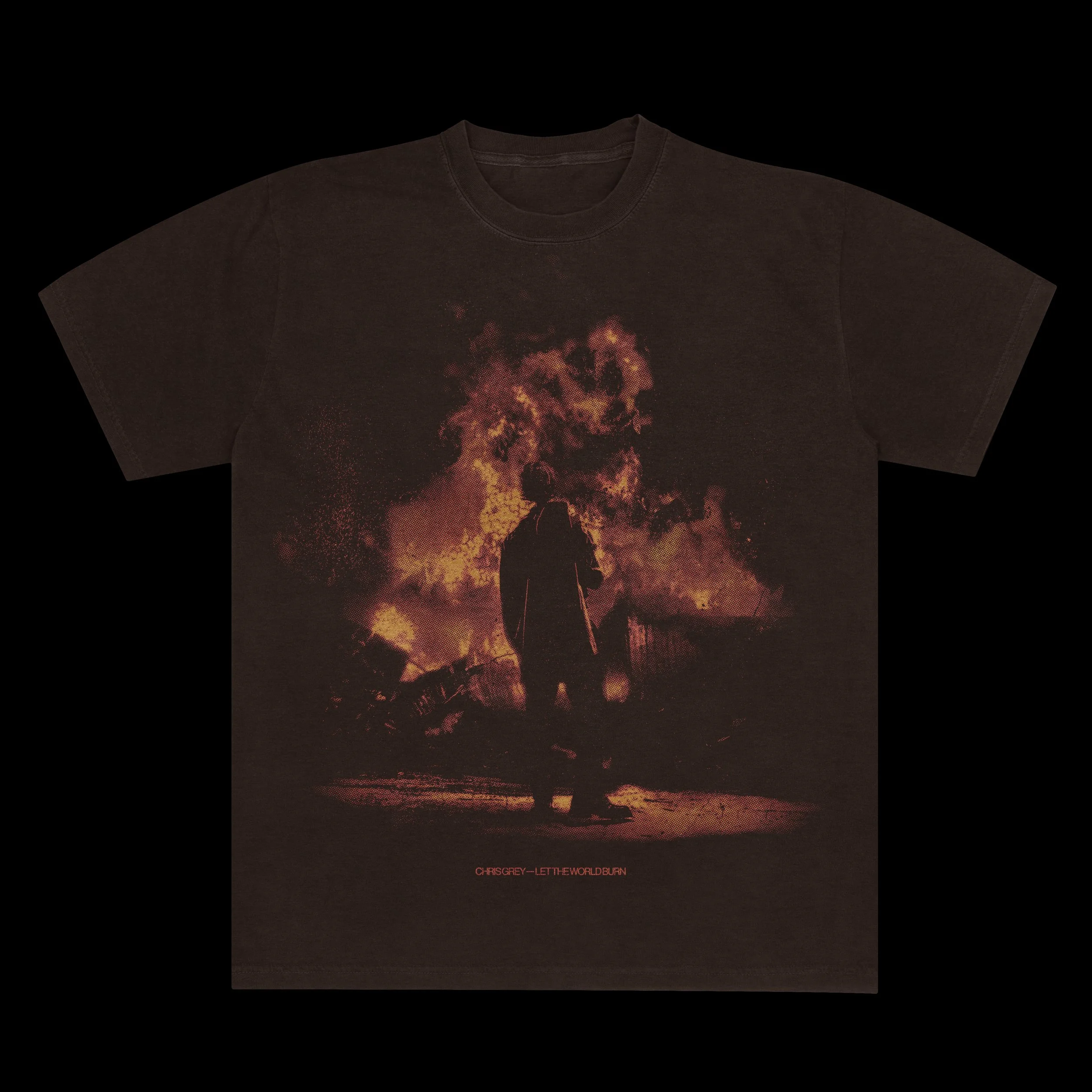 Black t-shirt with graphic of a person standing in front of flames, holding a microphone.