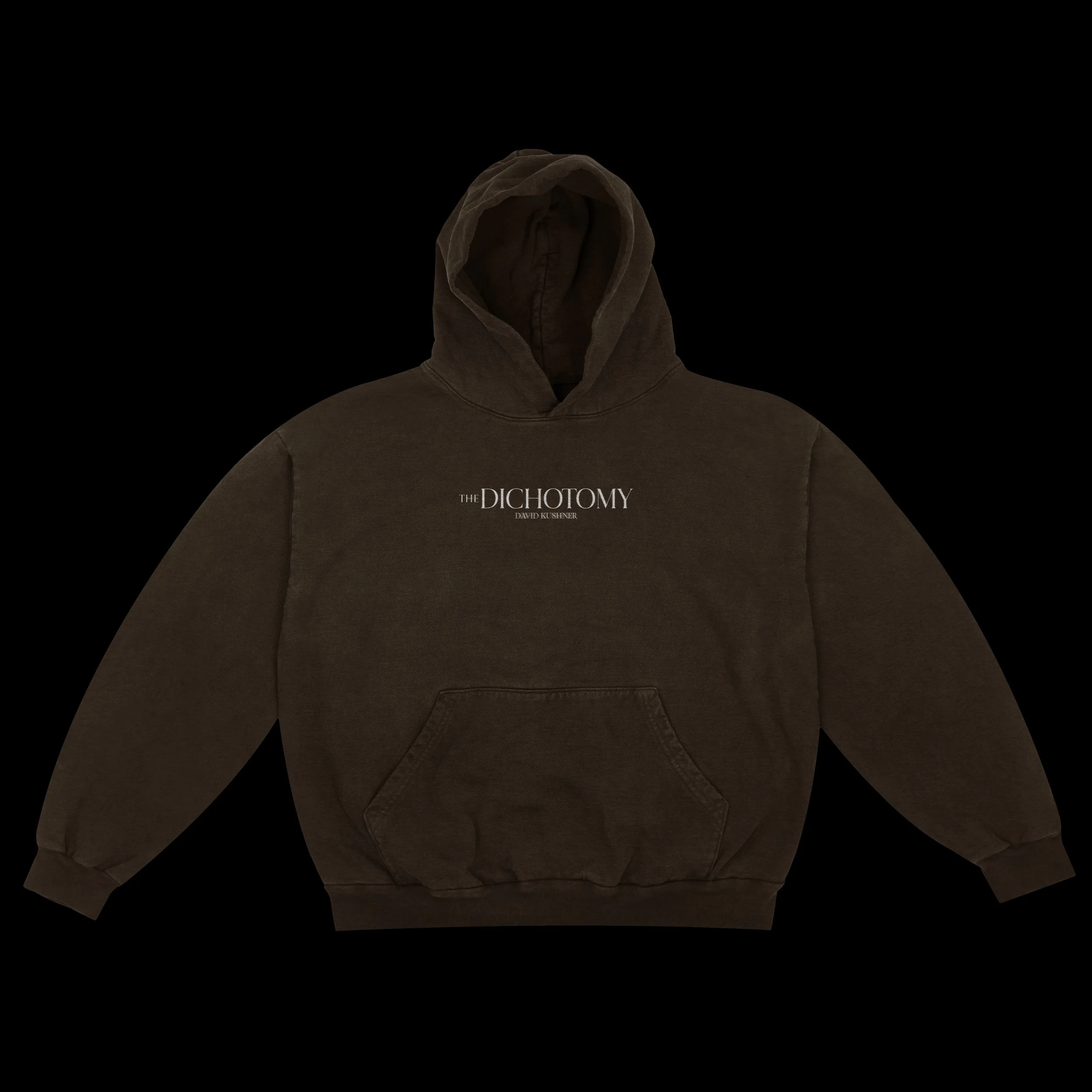 Brown hoodie with white text that reads "The Dichotomy David Kushner" on the front.
