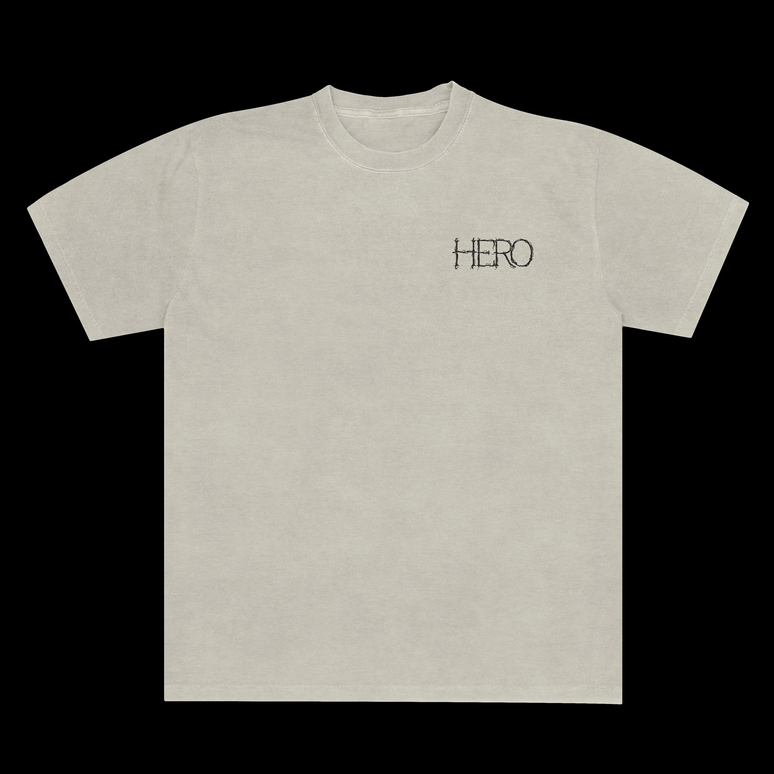 Light gray t-shirt with the word 'HERO' embroidered in black on the upper left chest area.
