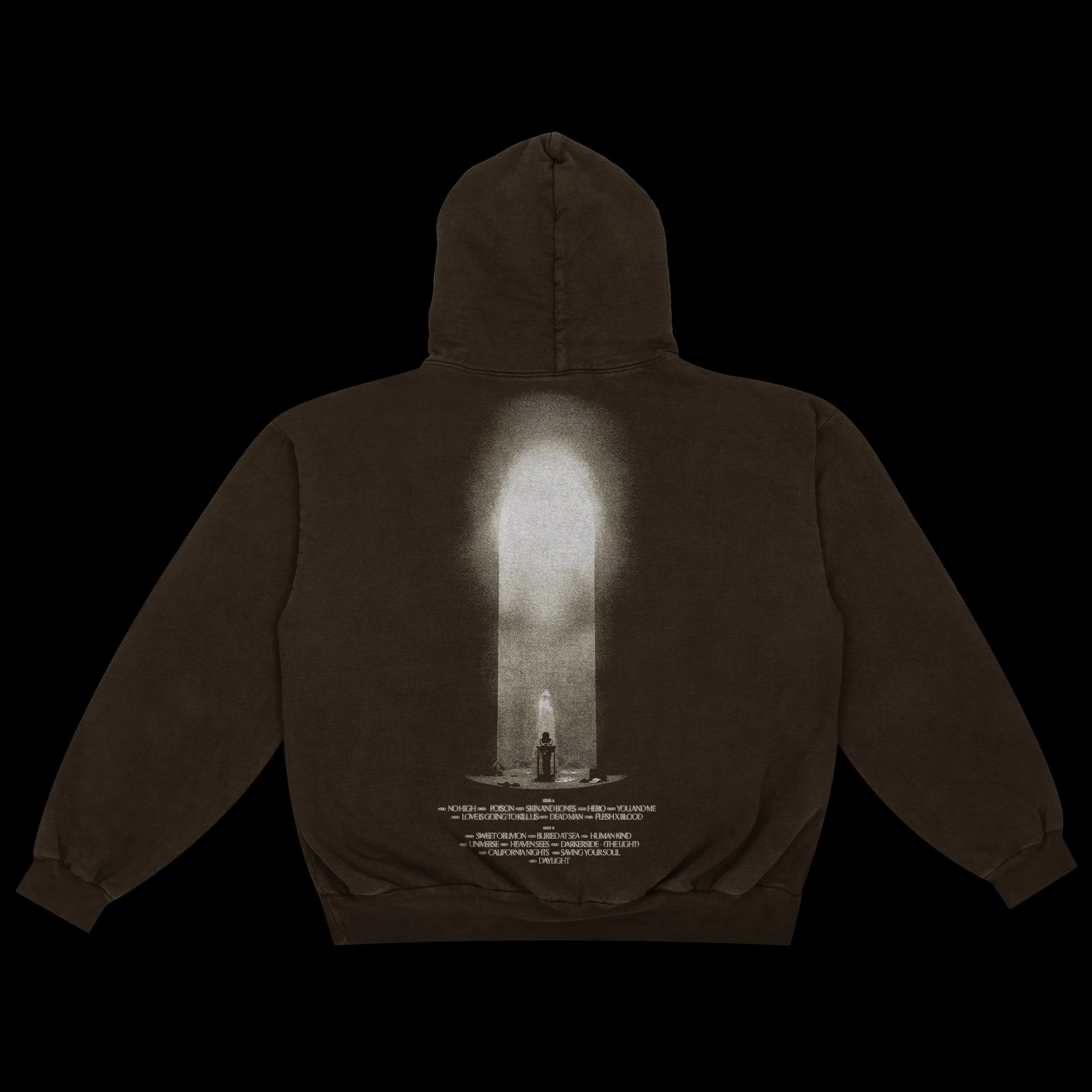 Brown hoodie featuring a tall, glowing doorway with a person standing inside, and some small text at the bottom.