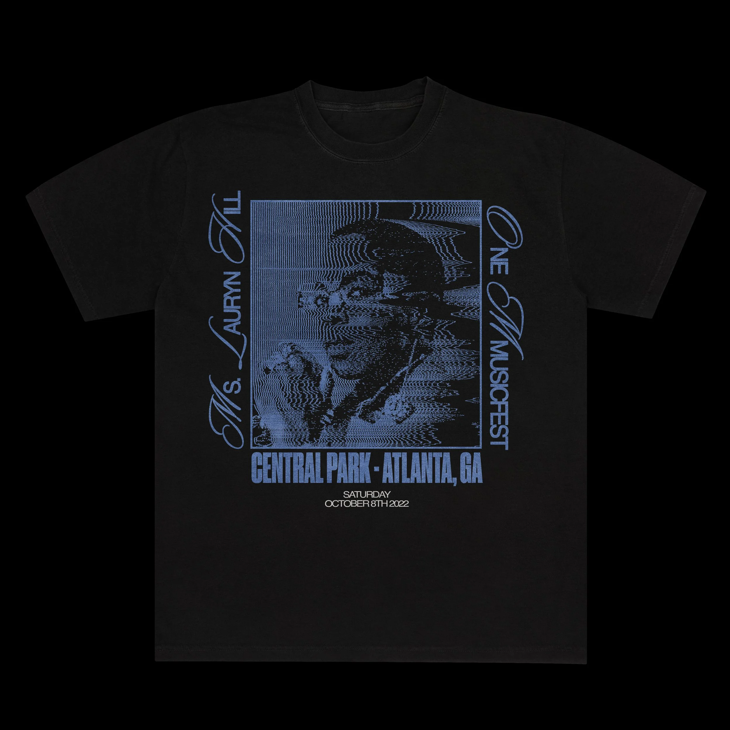 Black T-shirt with blue graphic and text for a music concert at Central Park in Atlanta, Georgia, on October 8th, 2022.