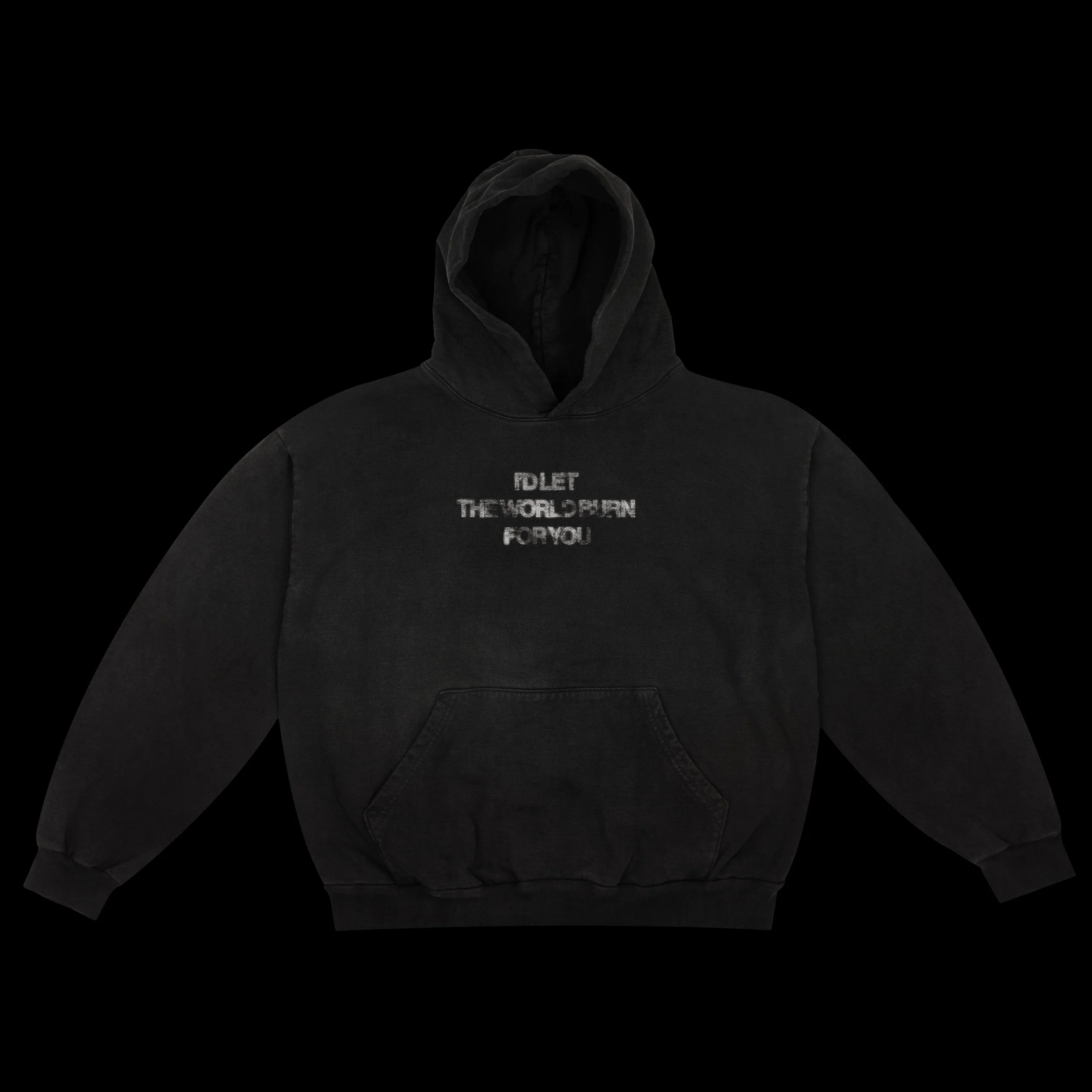 Black hoodie with white embroidered text on the front reading 'TO LET THE WORLD FIN FOR YOU', displayed against a black background.