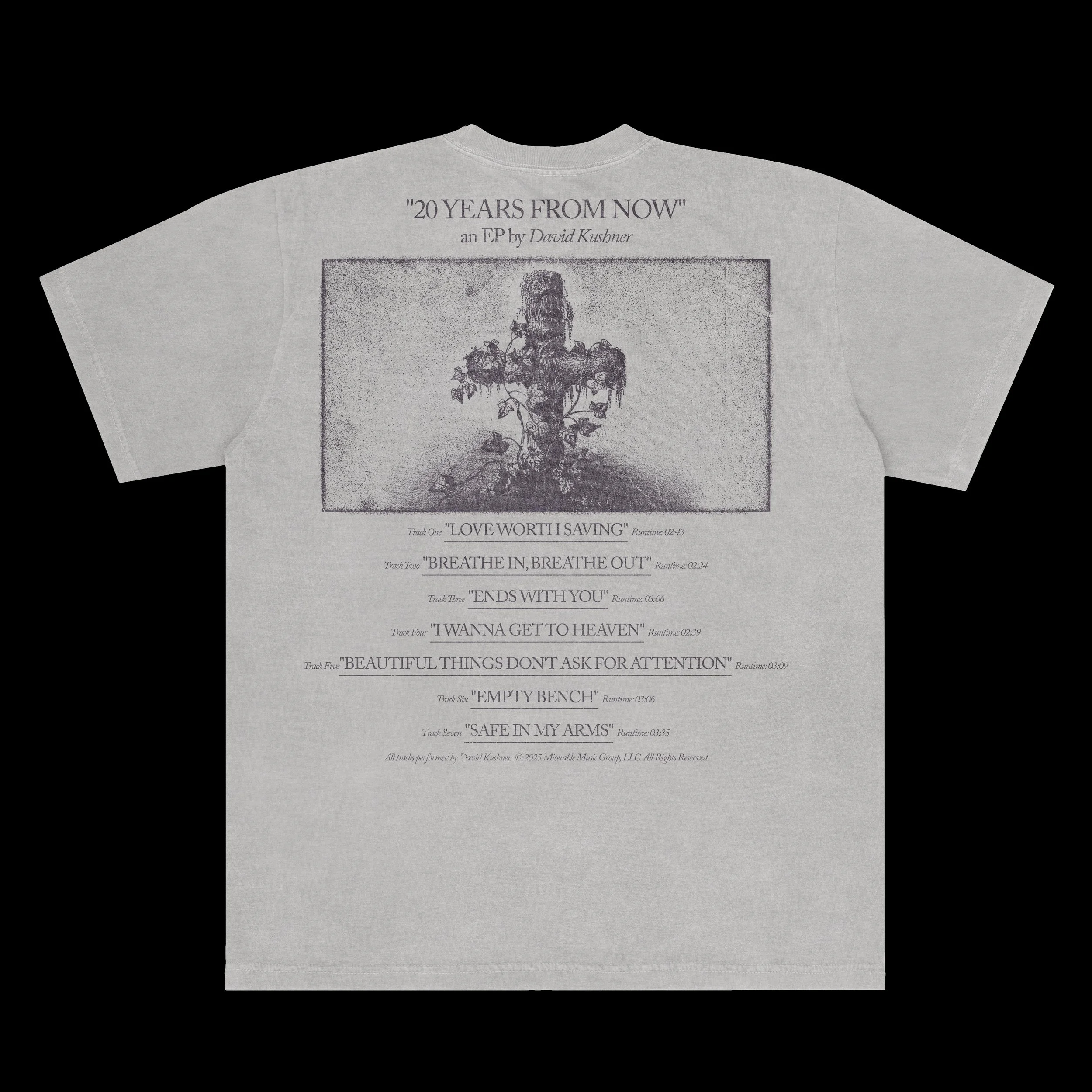 Gray T-shirt with black printed album cover art and track list for David Kushner's "20 Years From Now," featuring a central image of a plant growing from a container on the back.