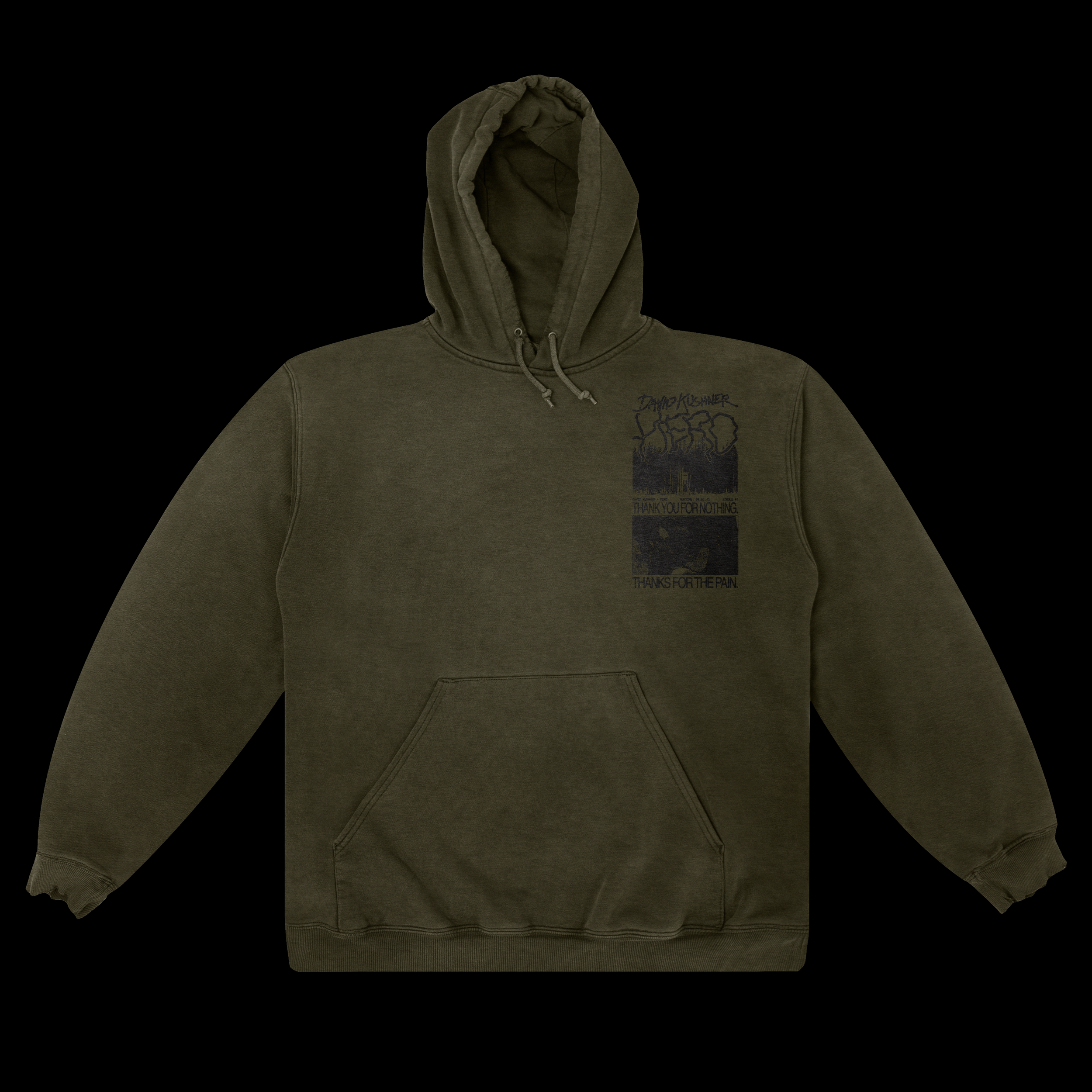 Olive green hoodie with graphic and text on the front right side, including a drawing of three people with a background image and handwritten-style text, against a black background.