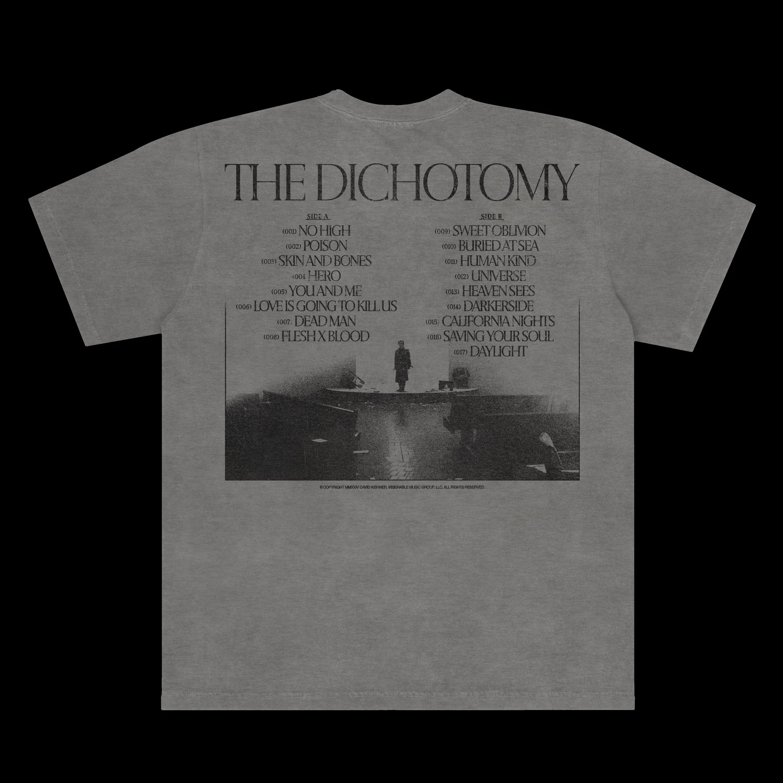 Gray T-shirt with black and white album cover design for The Dichotomy, featuring a tracklist divided into side A and side B, and a small image of a person standing on a stage.