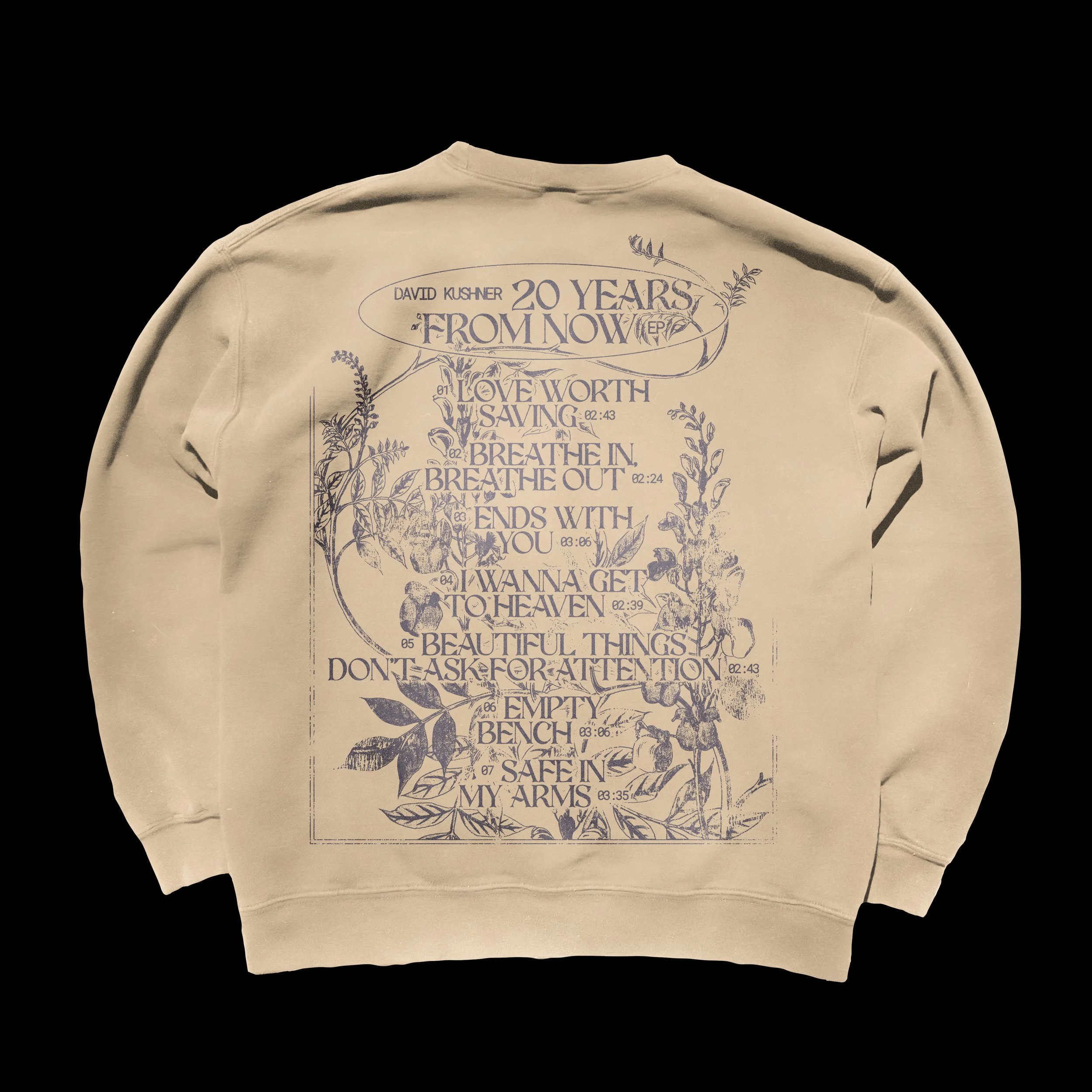 Back of a beige sweatshirt with purple text and floral illustrations, featuring song titles and lyrics by David Kushner