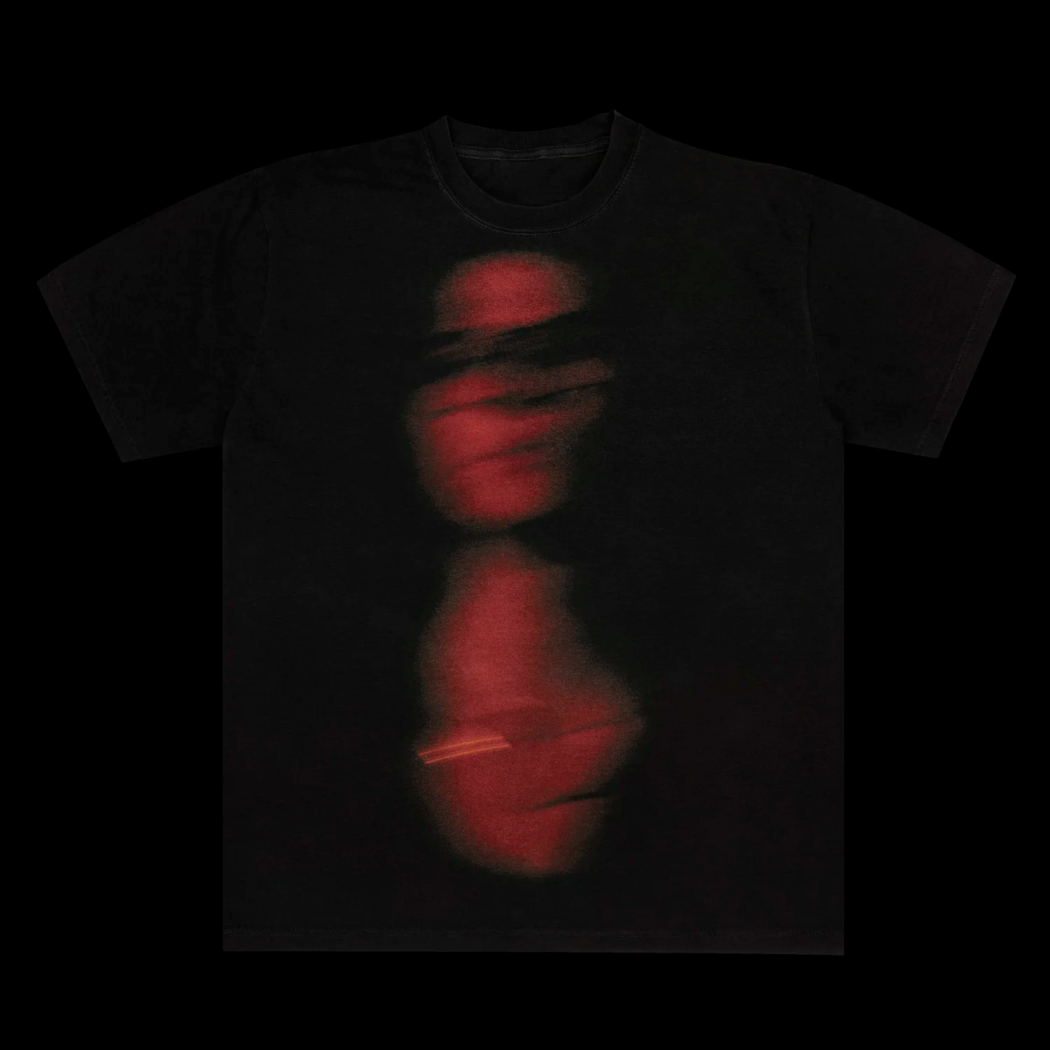 Black t-shirt with a red-tinted blurred portrait of a woman's face and upper body.