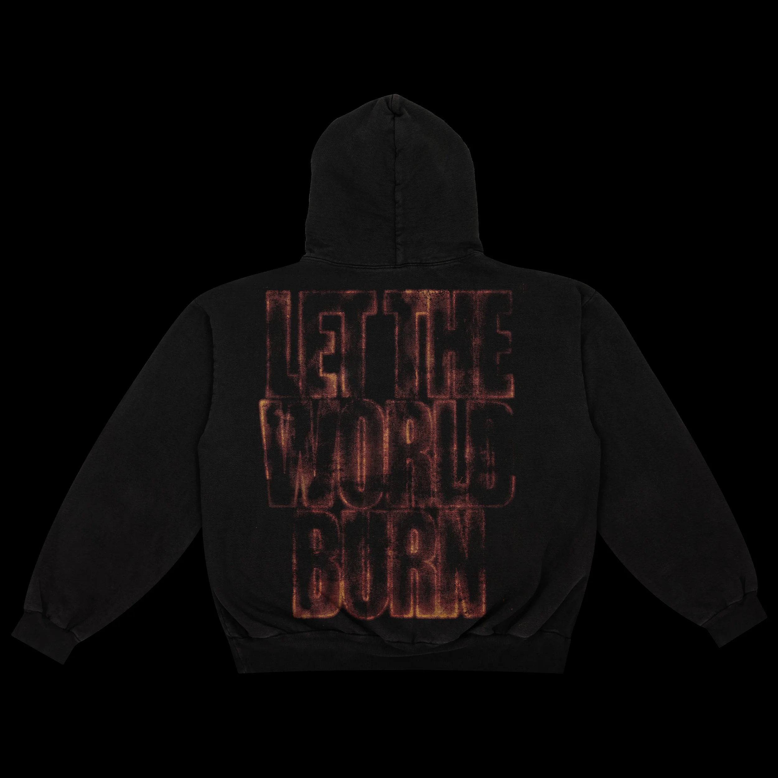 Black hoodie with bold red text on the back that reads 'LETHAL VOGUE BURN'.