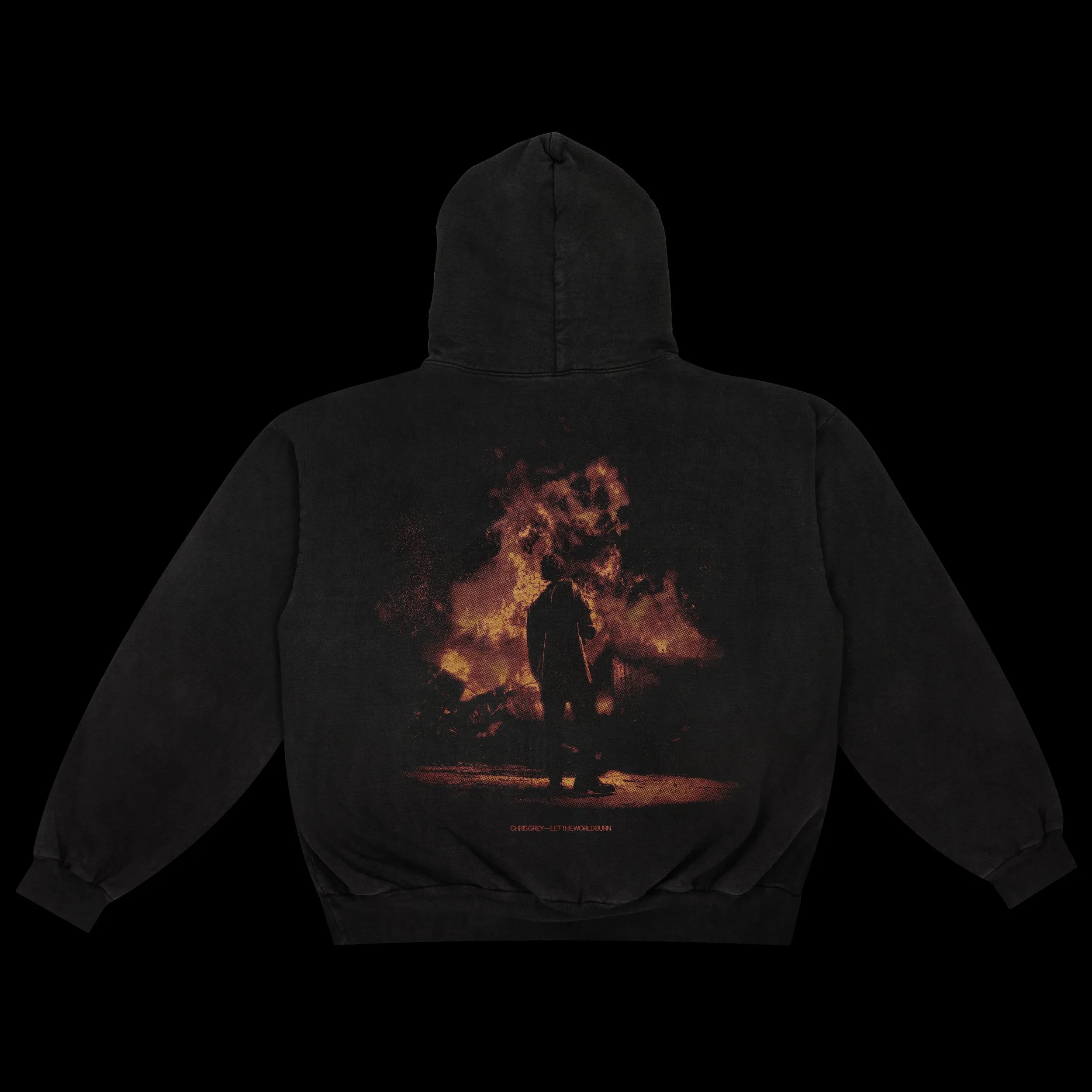 Black hoodie featuring artwork of a person walking away from the camera with a large explosion behind them.