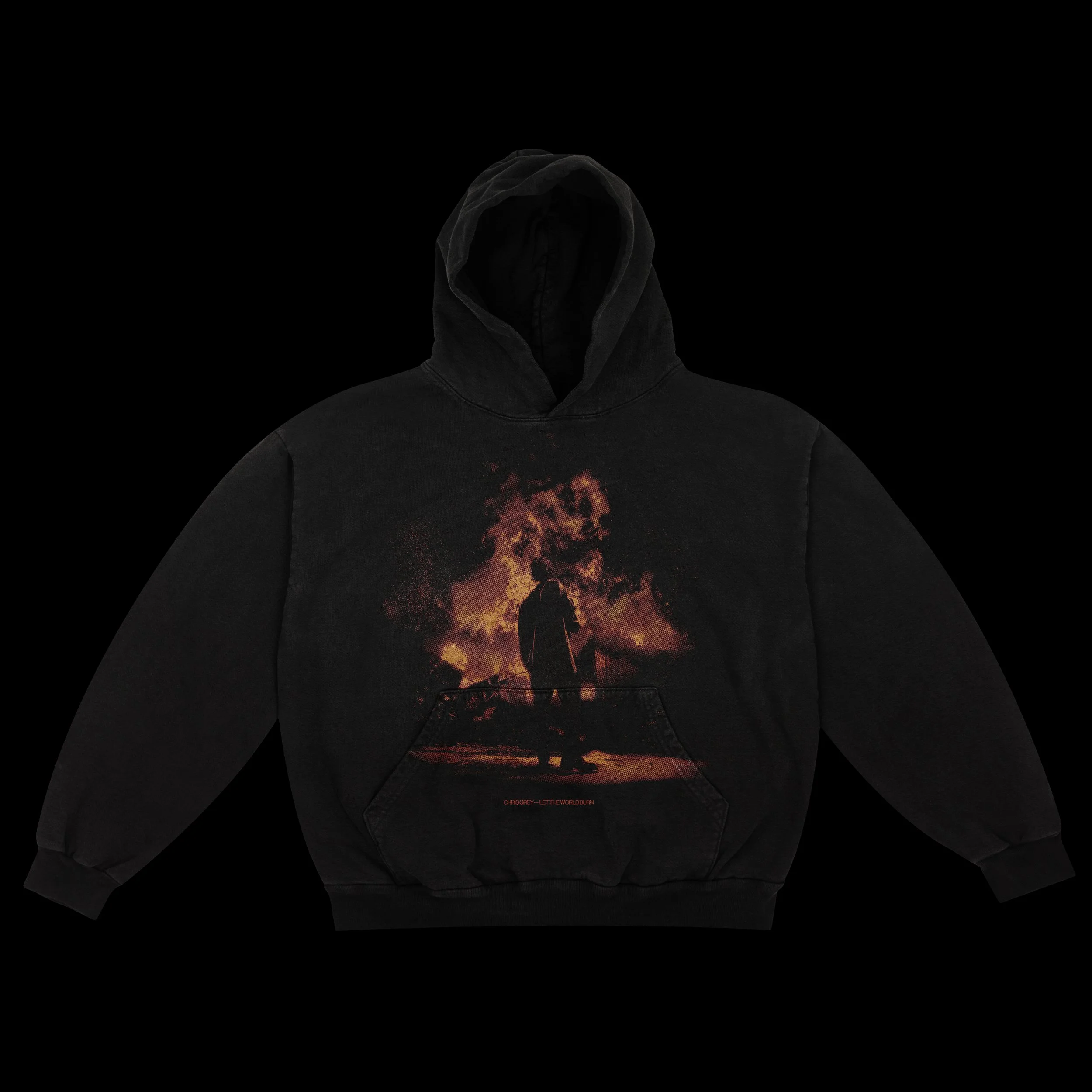 Black hoodie featuring a silhouette of a person with a fiery background of smoke and flames.