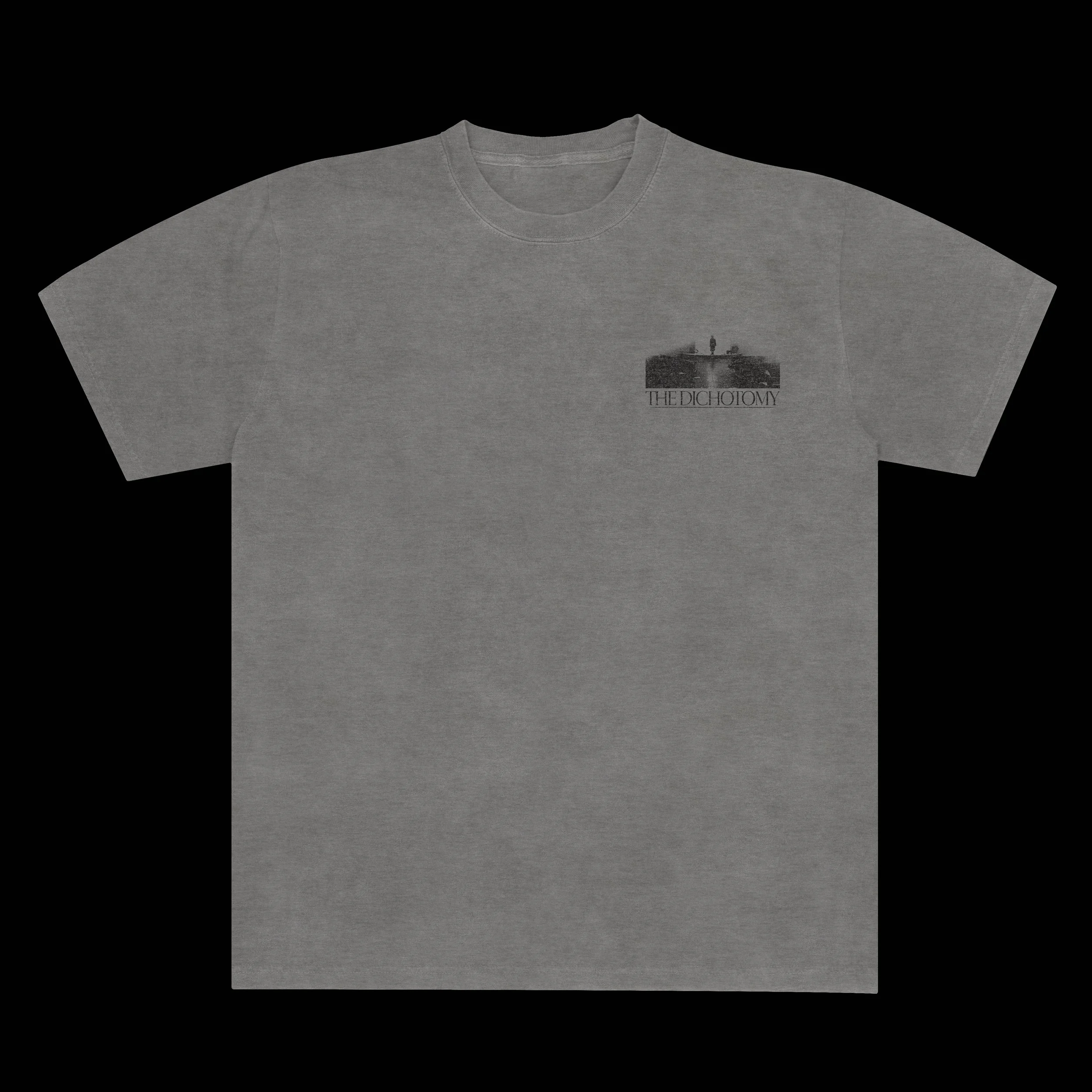 Gray t-shirt with small black image and text reading 'THE DICHOTOMY' on the upper left chest.