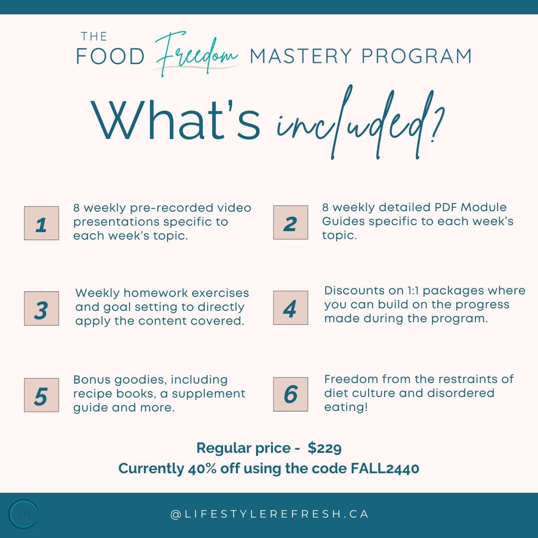 The Food Freedom Mastery program is BACK, and it's better than ever! 🚨

If you&rsquo;ve been struggling with yo-yo dieting, food guilt, or an unhealthy relationship with eating, this program is for YOU. 🍎✨

This isn&rsquo;t just another diet plan. 